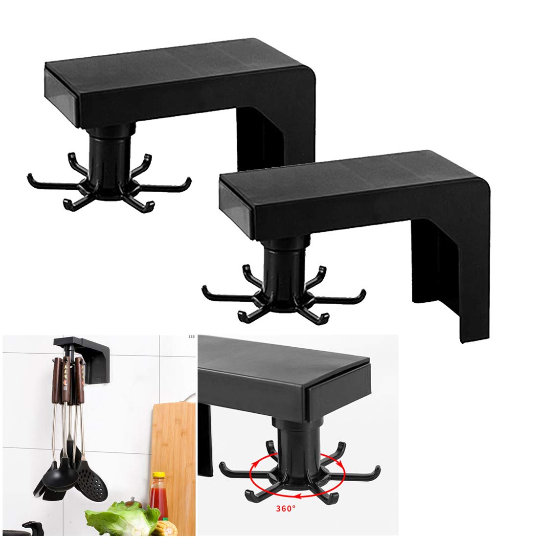 2-Pack Adjustable Rotating Wall Hooks - Heavy Duty Under Shelf Kitchen Organizer for Utensils, Spoons & Cookware - Space Saving Cabinet Storage Rack (Black) - Perfect for Small Kitchens, Pantries & Bathroom Organization