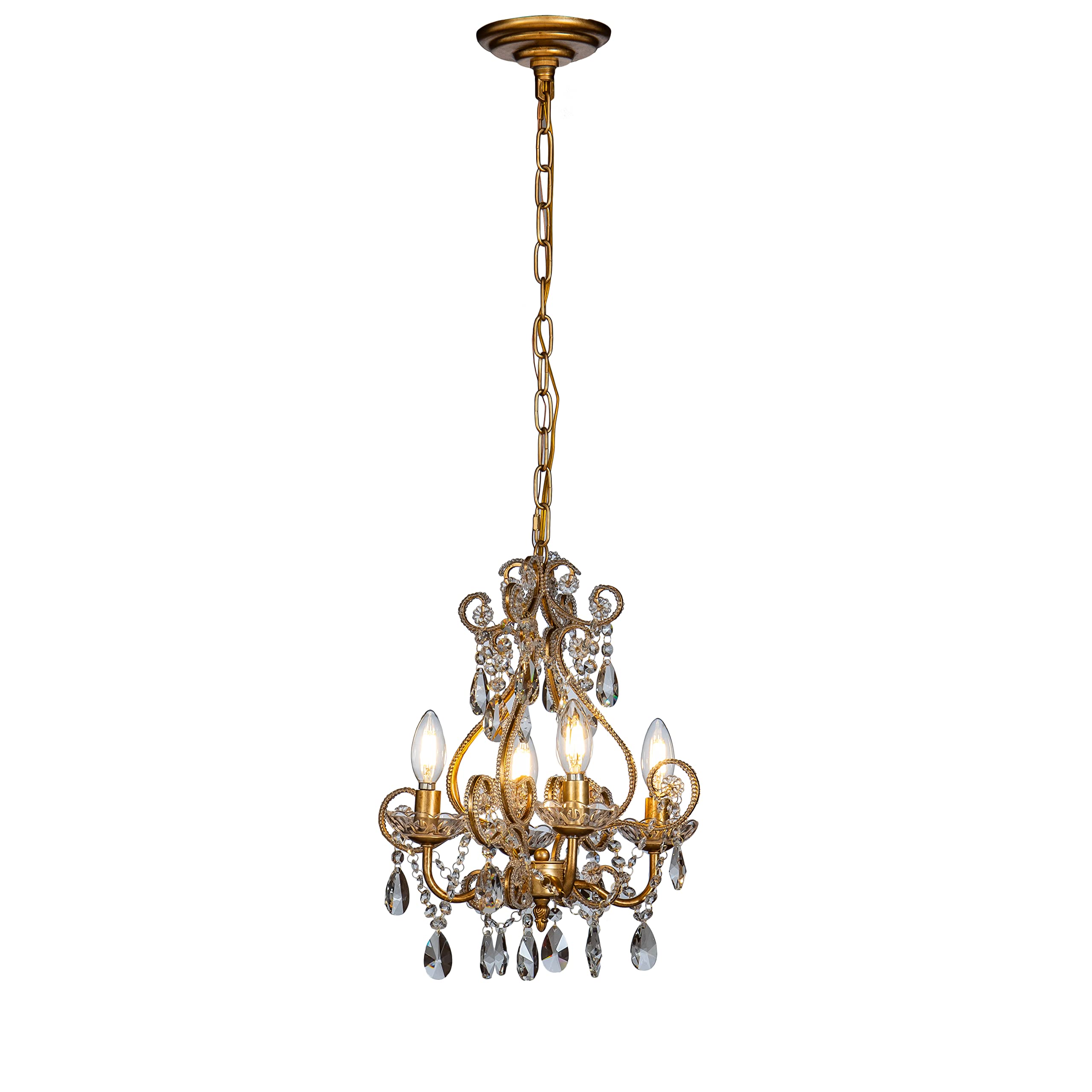4-Light 14-Inch French Country Chandelier - Antique Gold Small Crystal Dining Room Chandelier - Vintage Swag Lamp with Crystal Teardrop Beads - Gothic Style Ceiling Light for Bedroom, Foyer & Living Room