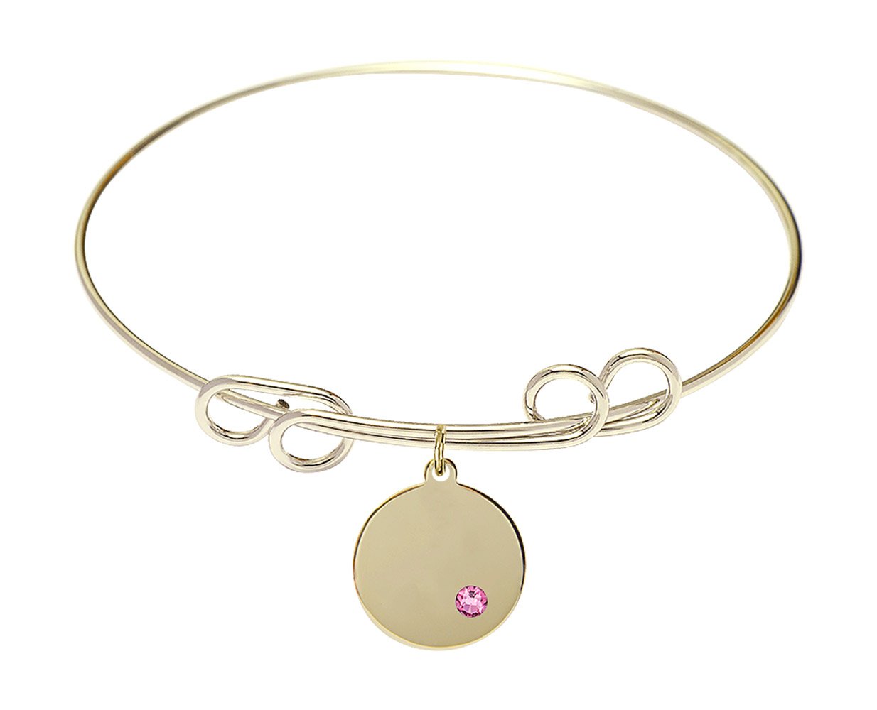 8 Inch Round Double Loop Bangle Bracelet with Plain Disc Medal Charm and Rose Crystal - Elegant Jewelry for Women, Perfect for Parties, Weddings, and Special Occasions
