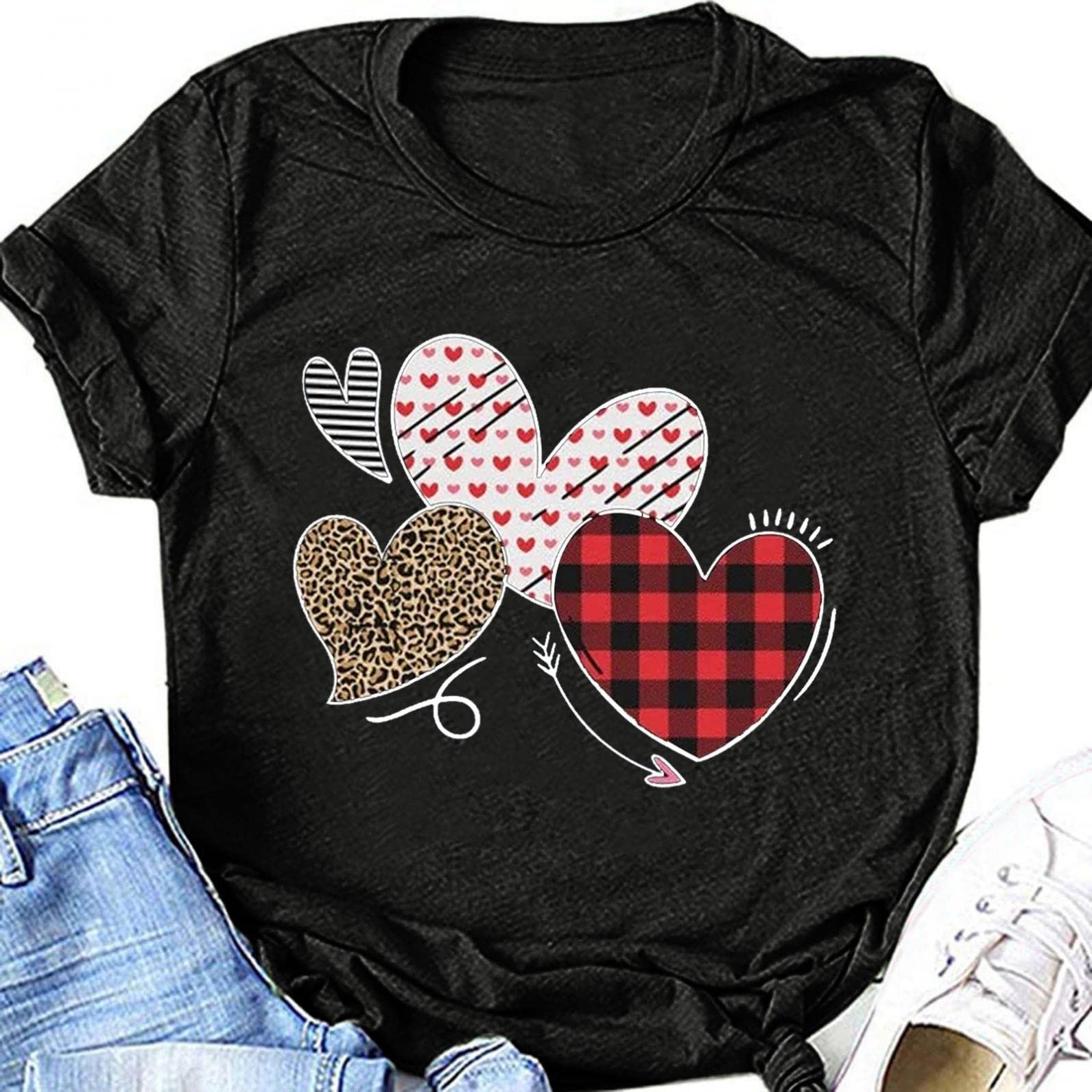 Aayomet Women's Valentine's Day T-Shirts - Comfortable Plaid Heart Printed Plus Size Casual Tops for Women | Valentine's Day Gifts, Casual Wear, Office Outfits & Date Night Looks