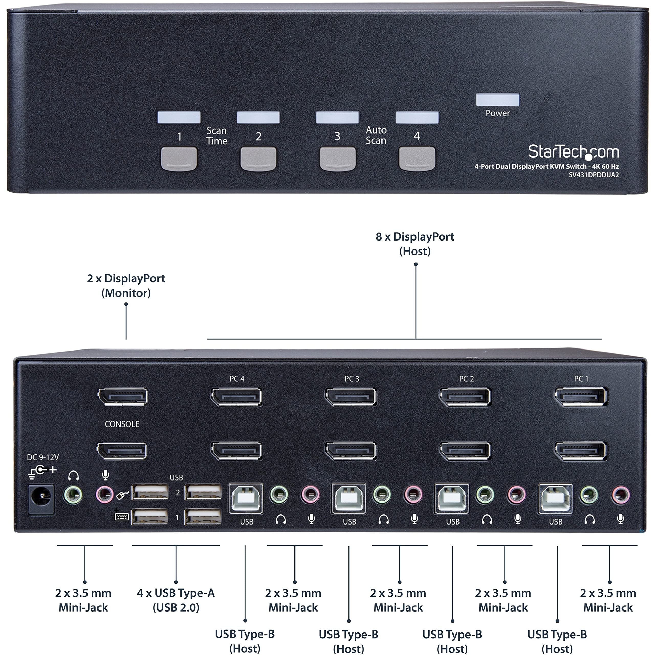 StarTech.com SV431DPDDUA2 4-Port DisplayPort KVM Switch - Dual Monitor Support, 4K 60Hz Resolution, USB Peripheral Sharing - Perfect for Multi-Computer Workstations, Gaming Setups & Office Environments