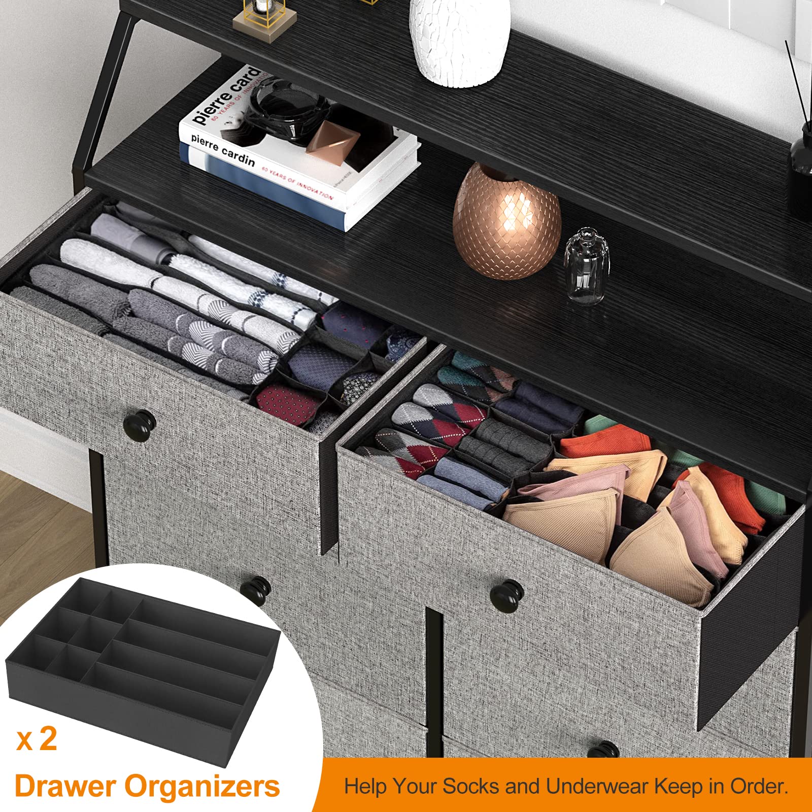 REAHOME 8-Drawer Steel Frame Wood Top Storage Dresser with 2 Bonus Drawer Organizers - Light Grey Closet Organizer for Bedroom, Living Room & Entryway - Perfect for Home Organization and Small Space Storage Solutions