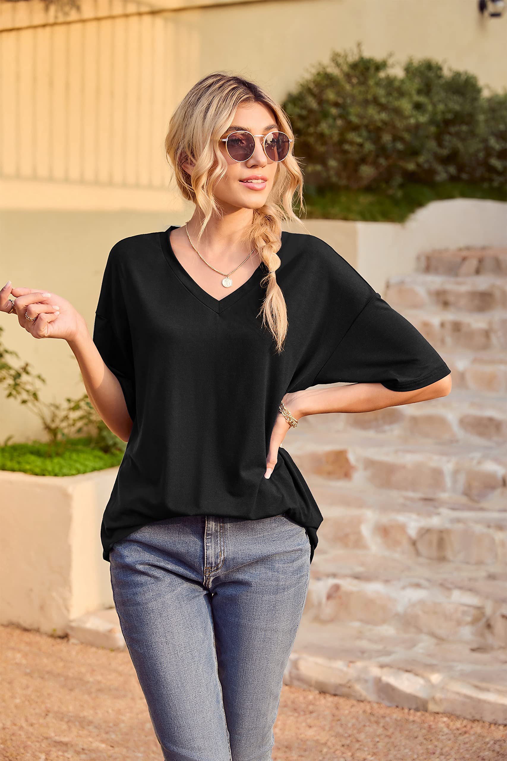 Iandroiy Women's Short Sleeve Dolman V-Neck T-Shirt - Summer Casual Tunic Top for Everyday Wear, Outings & Layering