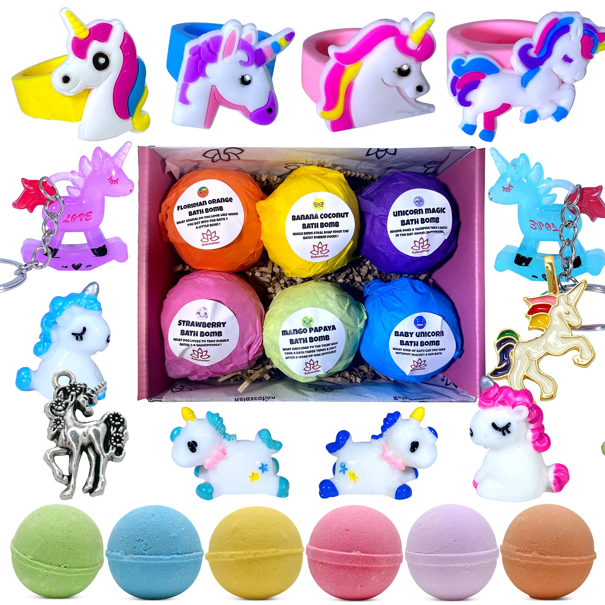 Unicorn Bath Bombs for Kids with Surprise Toys Inside - Includes Cute Ring, Keychain, Necklace & Bonus Purse | Handmade Easter Gift Set for Girls | Fun Bath Time & Birthday Party Favors
