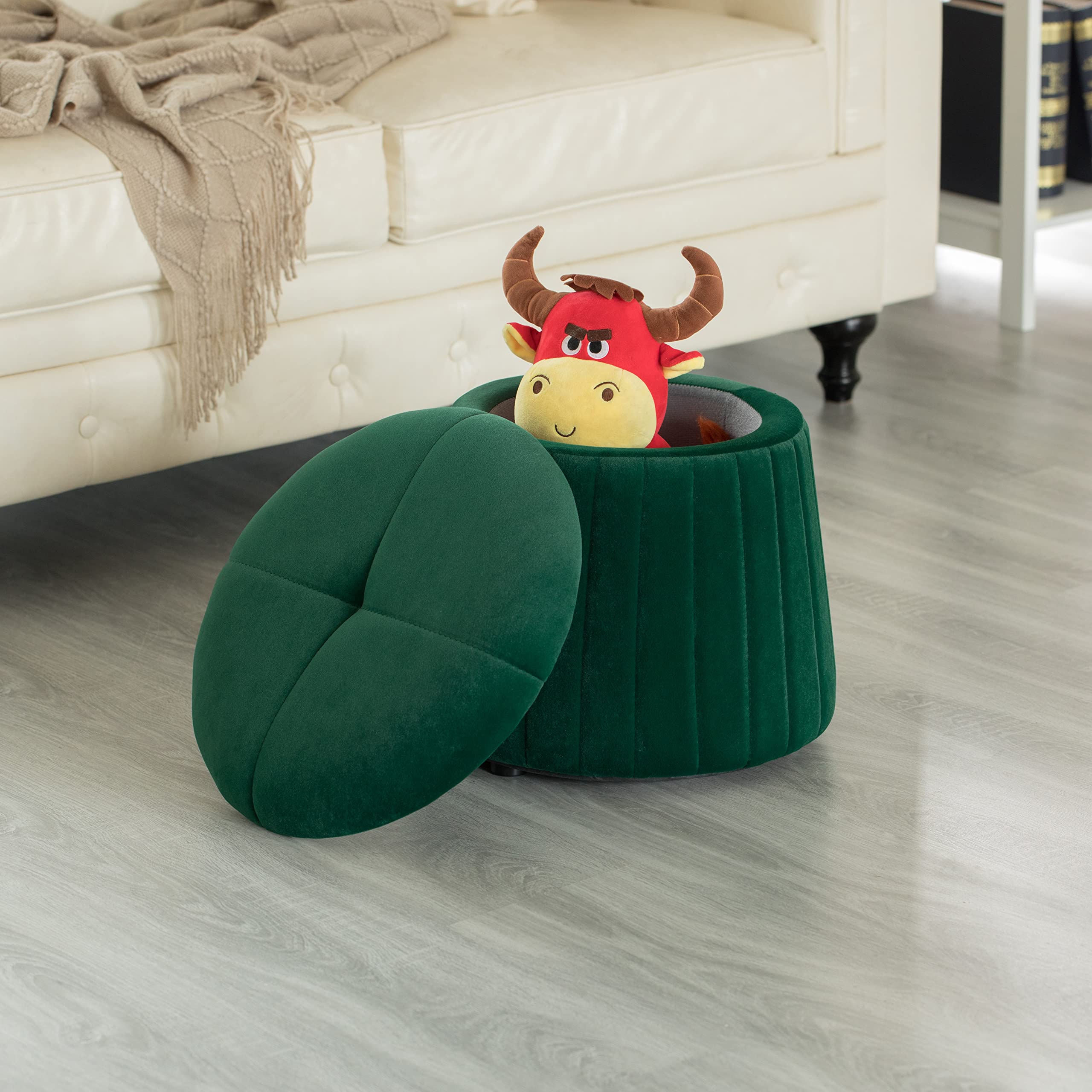 Fabulaxe Modern Tufted Velvet Mushroom Storage Ottoman Stool - Green Velvet Footrest with Hidden Storage | Perfect for Living Room, Bedroom & Dorm Organization