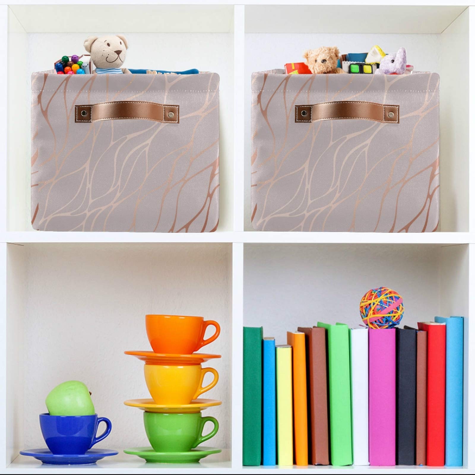 AUUXVA Rose Gold Marble Storage Basket - Collapsible Canvas Cube Organizer Bin with Handles for Toys, Clothes & Home Organization | Perfect for Bedroom, Closet, Office & Nursery Storage