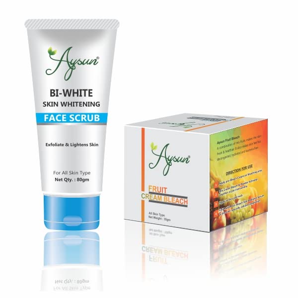 Aysun Combo Pack of 2 - BI-White Face Scrub & Fruit Cream Bleach 35g for Glowing Skin | Exfoliating & Brightening Facial Treatment | Perfect for Daily Skincare Routine