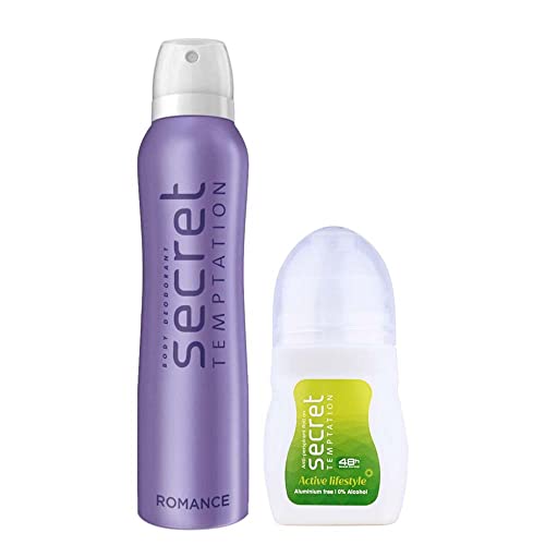 Secret Temptation Women's Active Lifestyle Roll-On Deodorant 50ml + Romance Deodorant 150ml - 2-Pack Combo for Freshness All Day | Gym, Work & Date Night Essentials