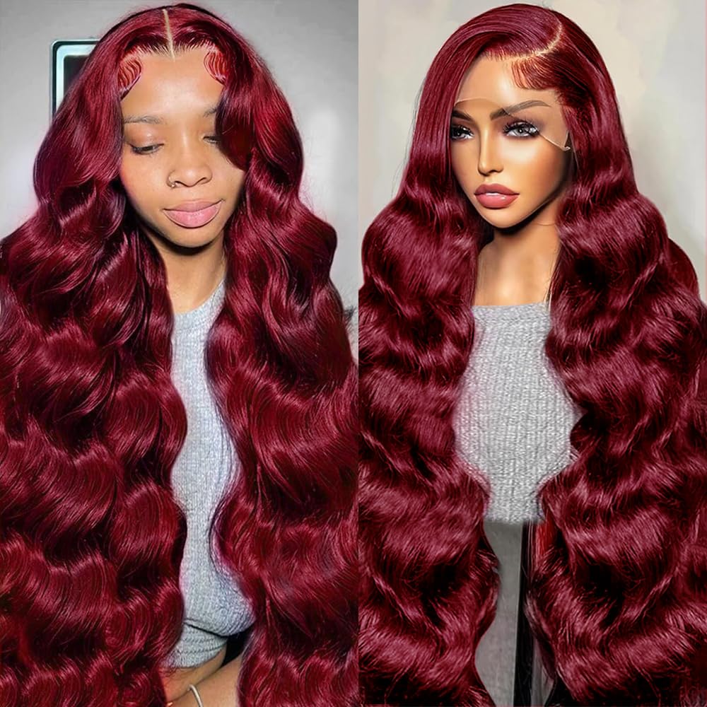 30 Inch 99J Burgundy Lace Front Human Hair Wig - 12A Grade 200% Density HD Body Wave with 13x4 Frontal - Pre Plucked Glueless Wine Red Wig for Women | Perfect for Cosplay, Parties, Weddings & Daily Wear