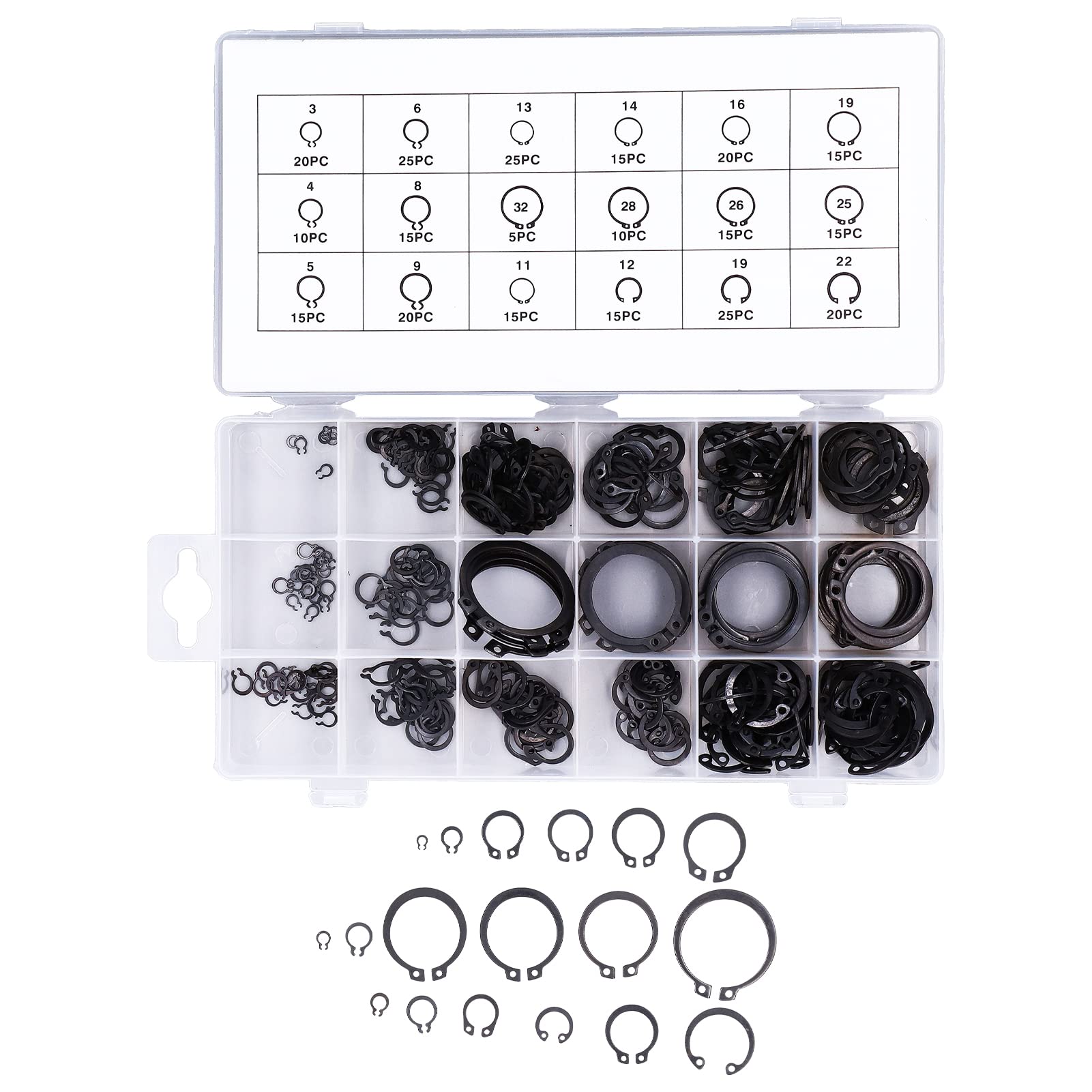 300-Piece C Clamp & External Retaining Ring Assortment Kit - Durable Rubber & Alloy Steel Retaining Rings for Cylinders, Automotive Valves - Perfect for DIY Repairs, Machinery Maintenance & Industrial Applications