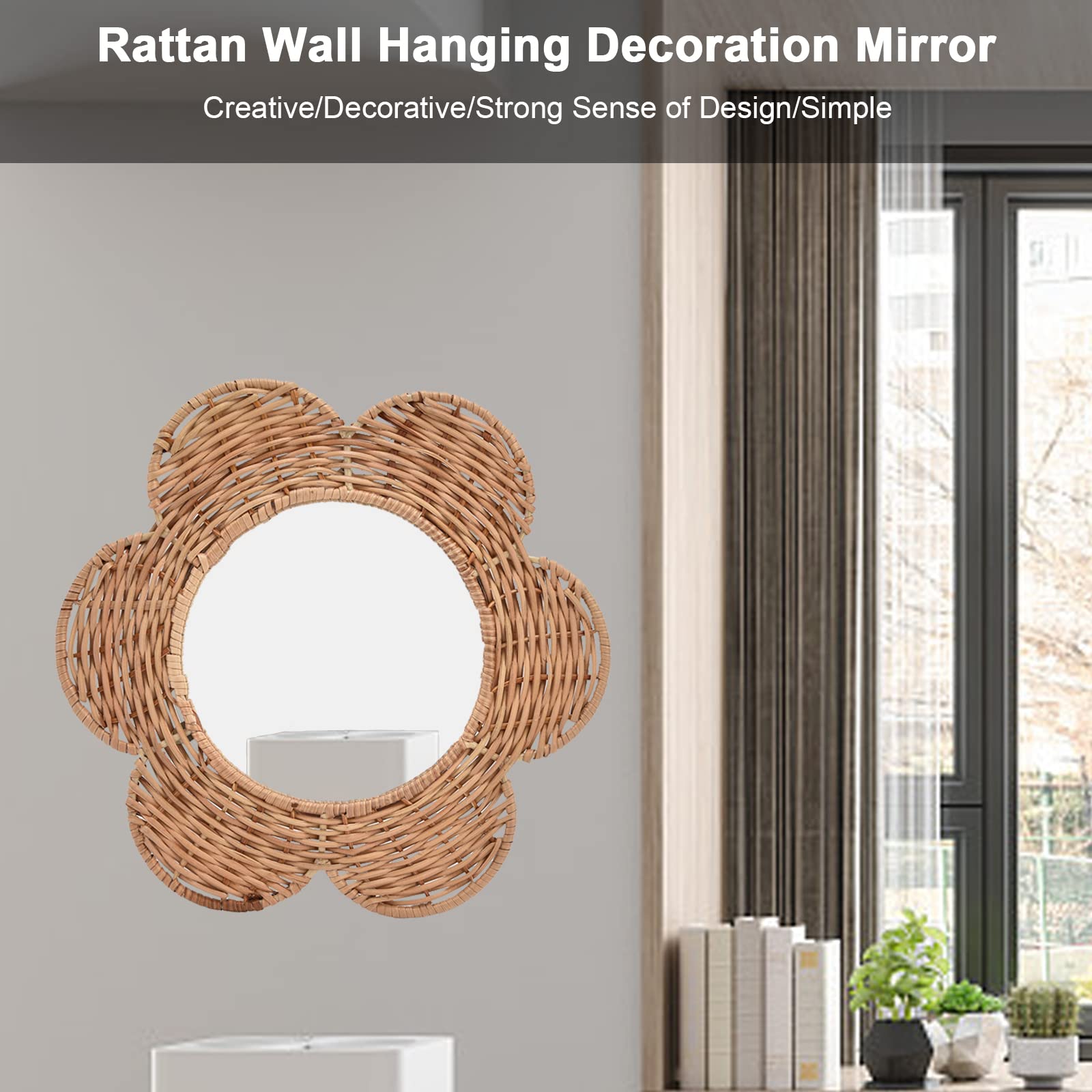 OUKENS Rattan Hanging Mirror - Boho Wall Decor for Bedroom, Living Room & Bathroom | Natural Woven Cosmetic Mirror with Unique Design | Perfect for Vanity, Dressing Area & Home Decoration