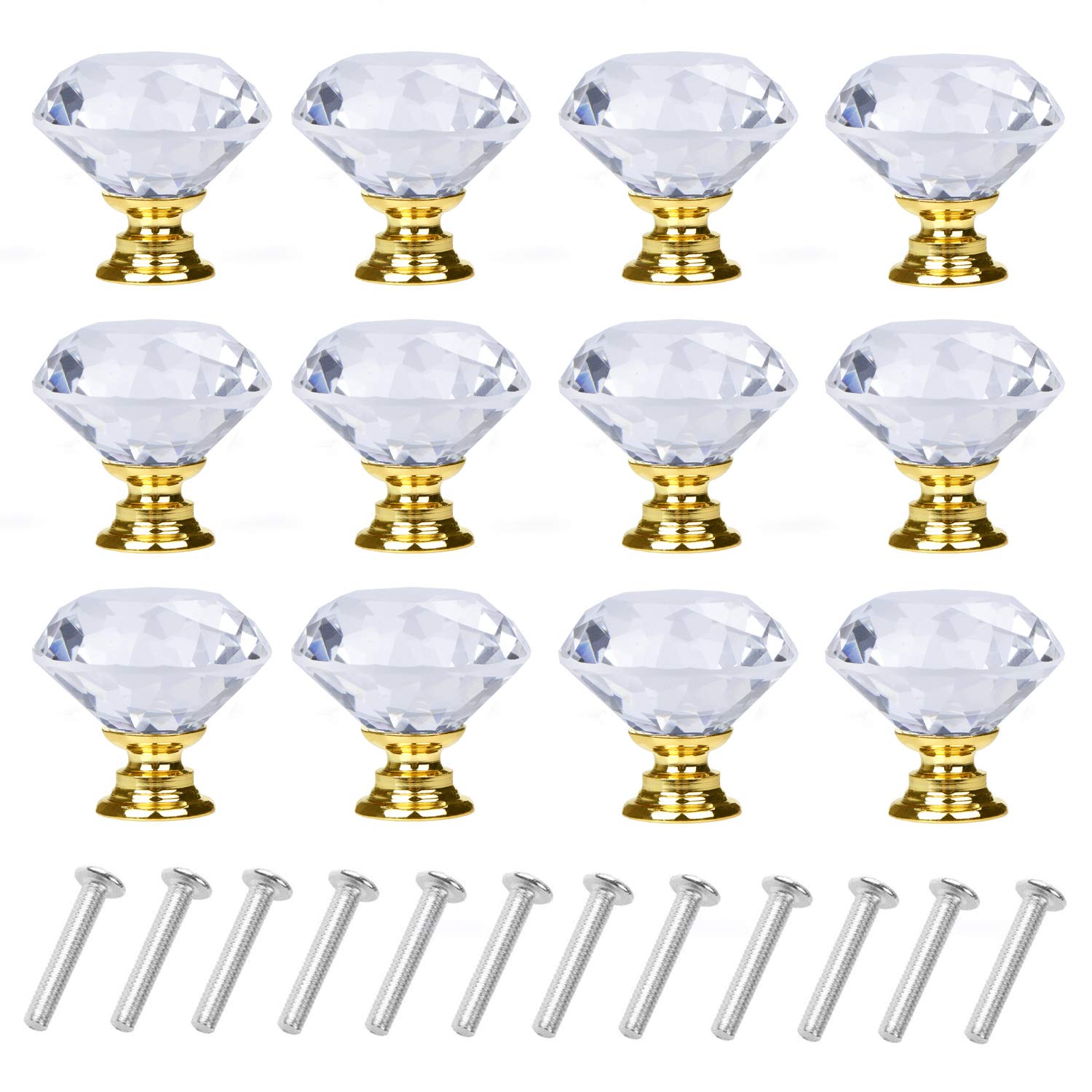 12 Pack Diamond Shaped Crystal Glass Cabinet Knobs - 30mm Gold Drawer Pull Handles for Dresser, Wardrobe & Furniture Upgrade (Home Decor & DIY Project)