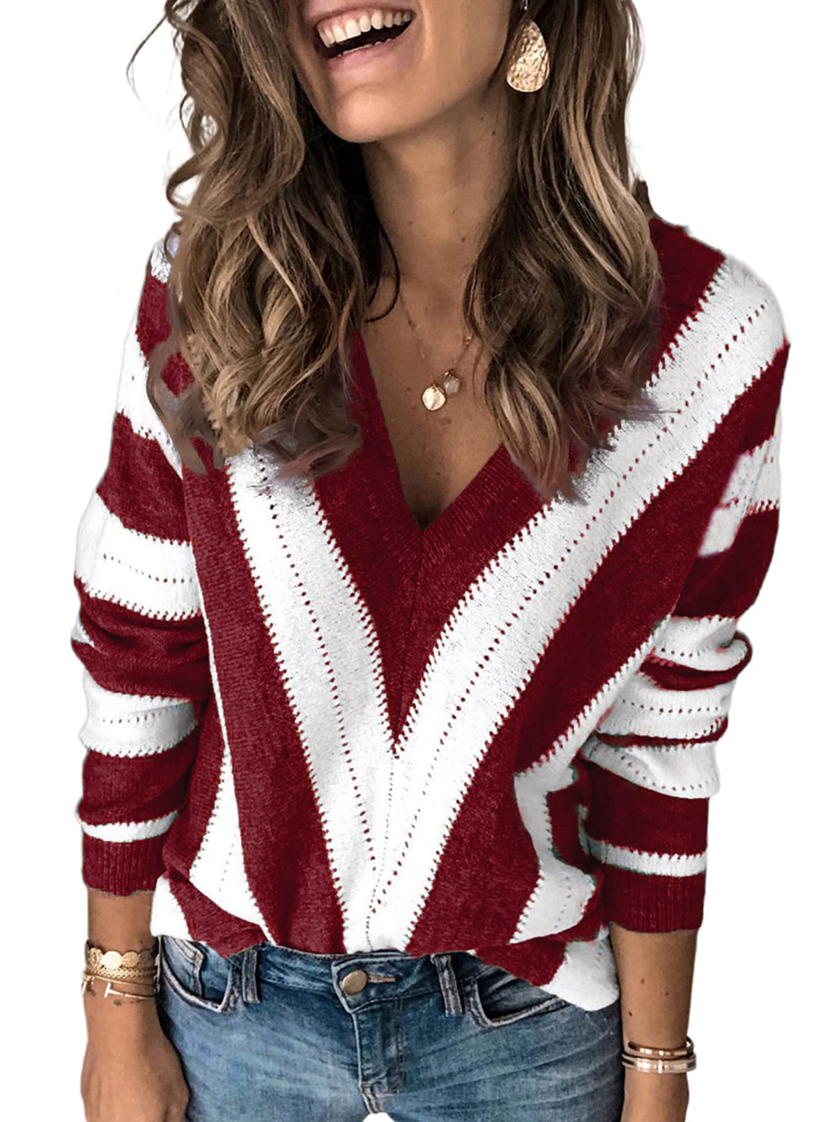 HOTAPEI Women's Long Sleeve Deep V Neck Hand Knit Striped Sweater - Loose Pullover Top for Casual Outfits & Fall Fashion | Cozy Winter Wear, Office Chic & Date Night Outfits