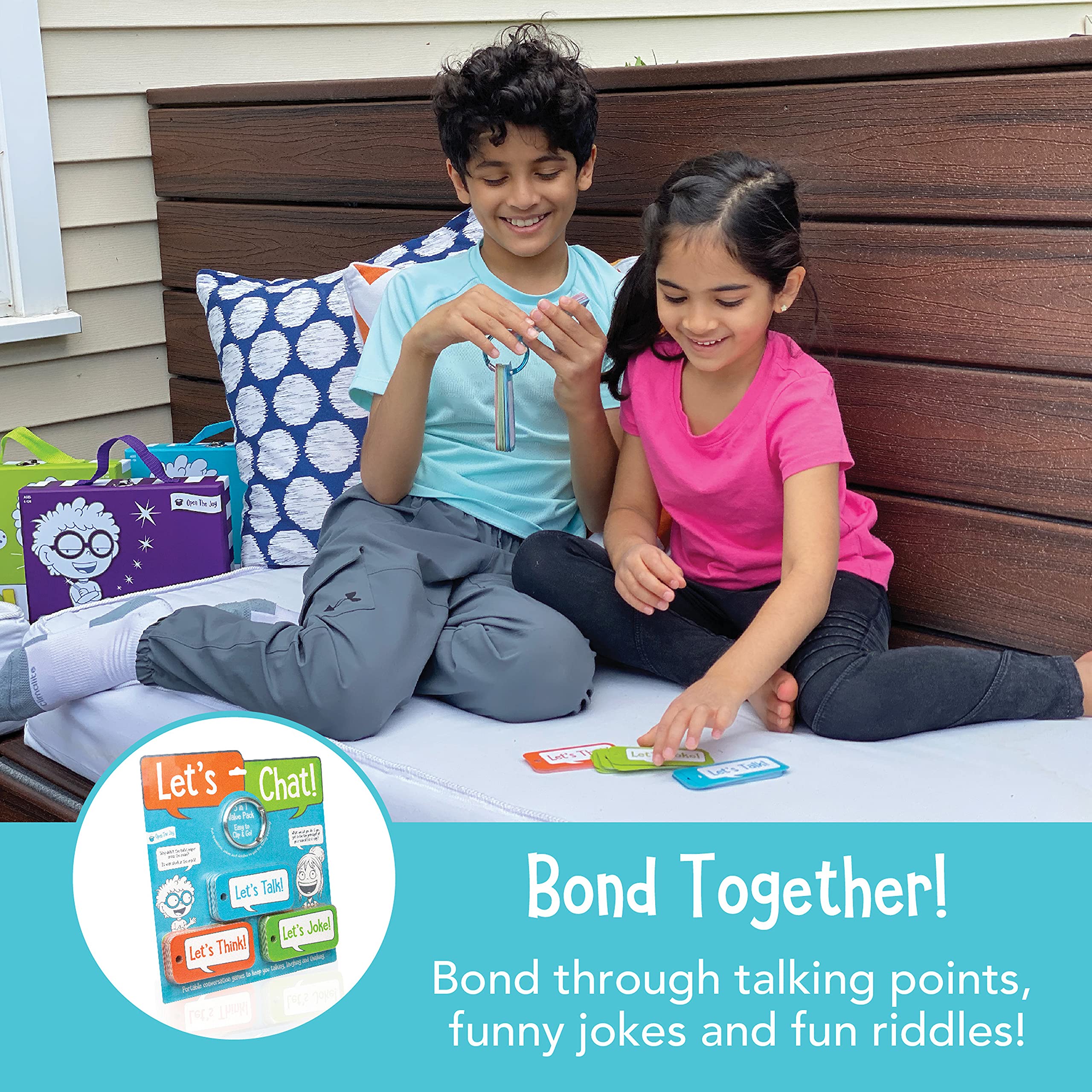 Open The Joy Let’s Chat 3-in-1 Conversation Starter Cards for Kids - Fun Travel Card Games for Car & Airplane Rides - Talk, Think, Joke Cards - Ages 4+ - Perfect for Family Road Trips & Classroom Icebreakers