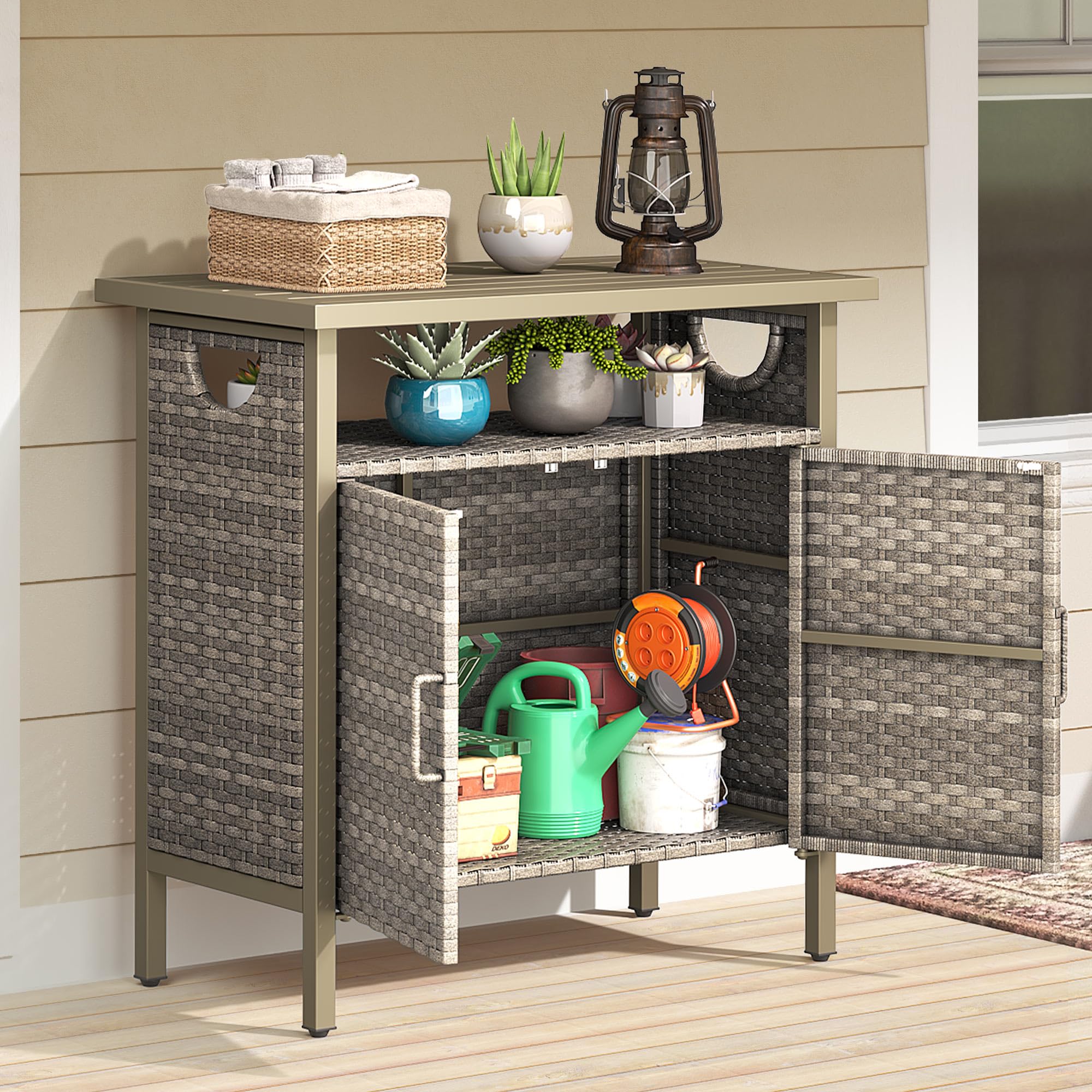 YITAHOME Outdoor Storage Cabinet with Cushion Bench - Weather-Resistant Wicker Patio Deck Storage Table for Pool Tools, Garden Supplies & Outdoor Accessories - Perfect for Backyard, Deck, and Poolside Organization (Brown)
