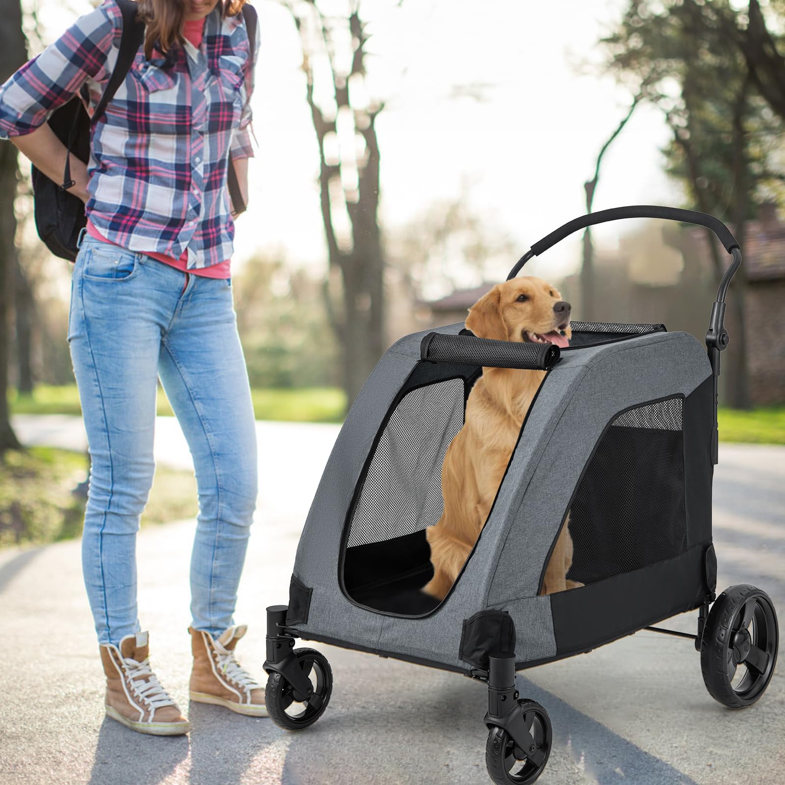 **Giantex Extra Large Dog Stroller for Big Dogs & Cats - Heavy Duty Pet Stroller for Senior Dogs, Safety Belt, Adjustable Handle, Removable Cushion, Foldable Design - Up to 132 lbs (Gray) - Perfect for Jogging, Shopping & Outdoor Adventures**