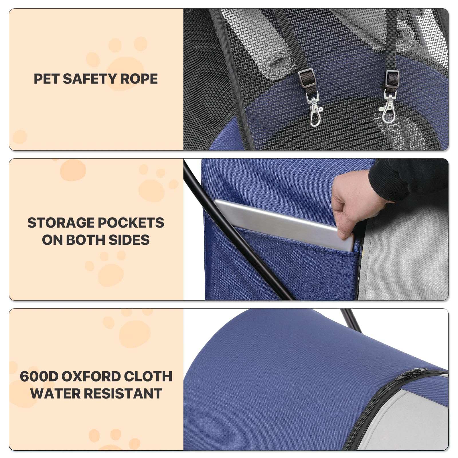 MoNiBloom Double Dog Stroller with Detachable Carrier Bags - Large 4-Wheel Foldable Pet Jogger for Small & Medium Dogs & Cats (Navy Blue/Gray) - Perfect for Outdoor Walks, Park Visits & Vet Appointments