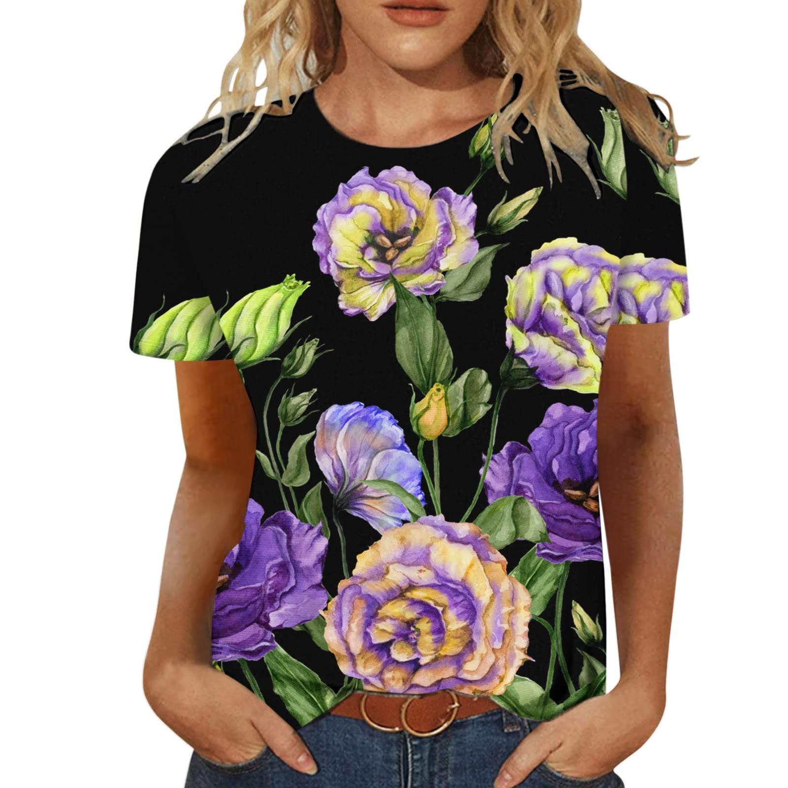 Women's Floral Print Crewneck T-Shirt | Casual Fit Tunic Top & Workout Tank | Summer & Fall Blouses for Office, Yoga & Everyday Wear