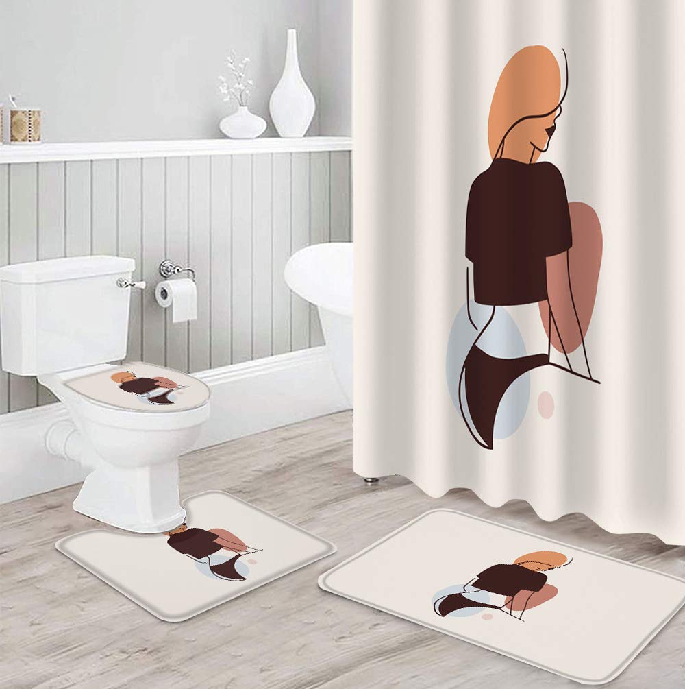 4-Piece Bathroom Shower Curtain Set with Non-Slip Rugs, Toilet Cover & Bath Mat - Modern Women Outline Sketch Art Print Waterproof Fabric (36x72 Inch) + Rustproof Hooks | Complete Bathroom Decor for Home, Apartment & Guest Bath