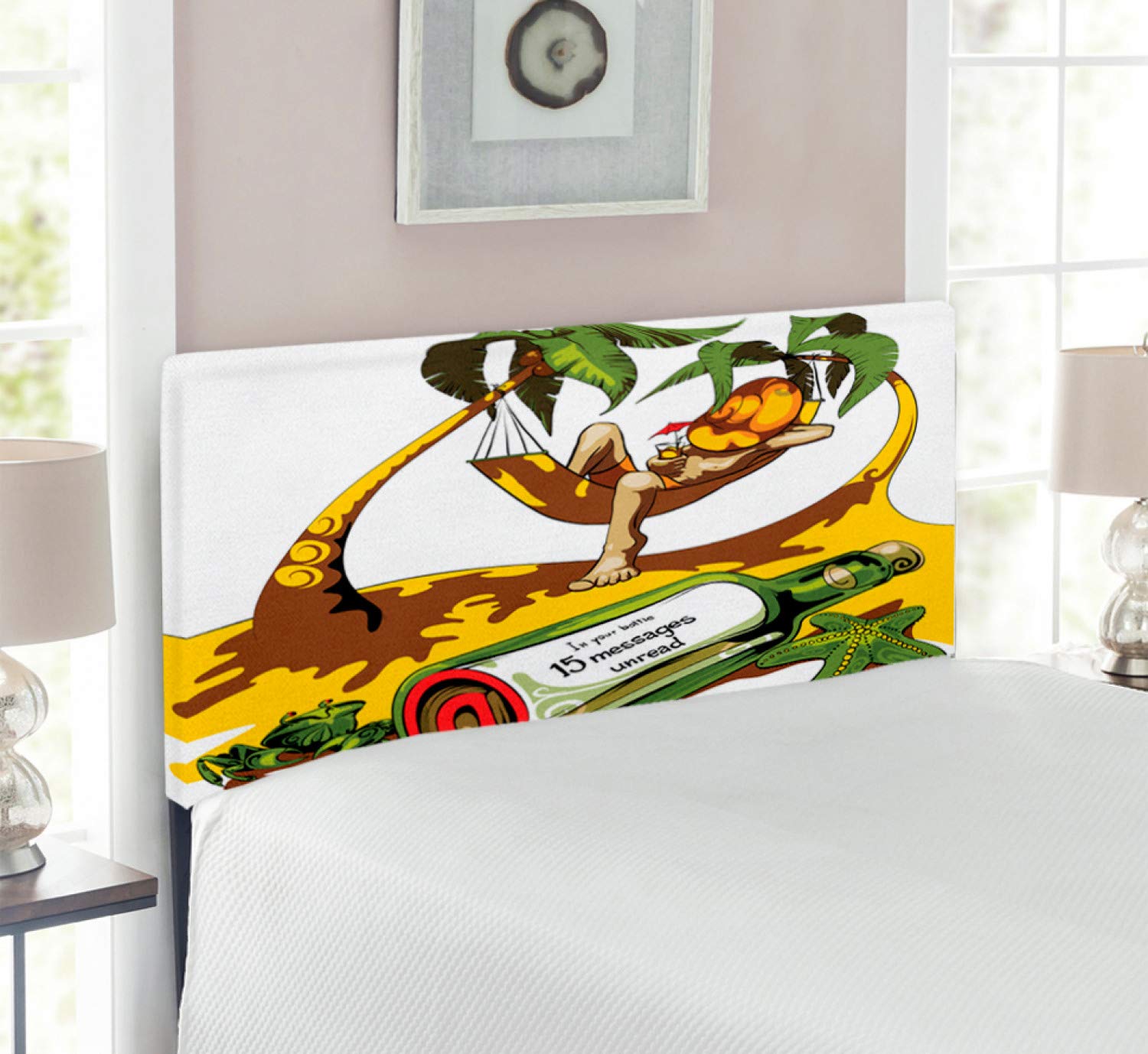 Ambesonne Beach Headboard - Upholstered Metal Bed Headboard with Memory Foam, Twin Size in White Green Yellow | Tropical Hammock & Message in Bottle Beach Design | Perfect for Coastal Bedrooms, Vacation Homes & Boho Decor