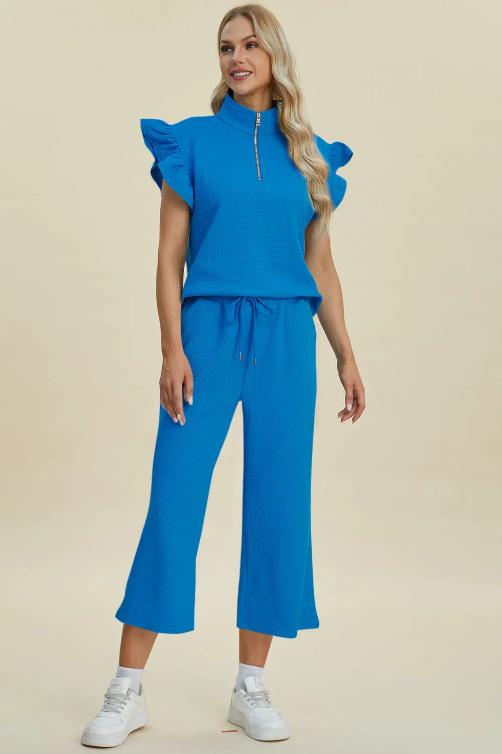 Double Take Women's Full Size Textured Ruffle Short Sleeve Top & Wide Leg Pants Set | Casual Outfit for Summer, Beach, Date Night & Office Wear