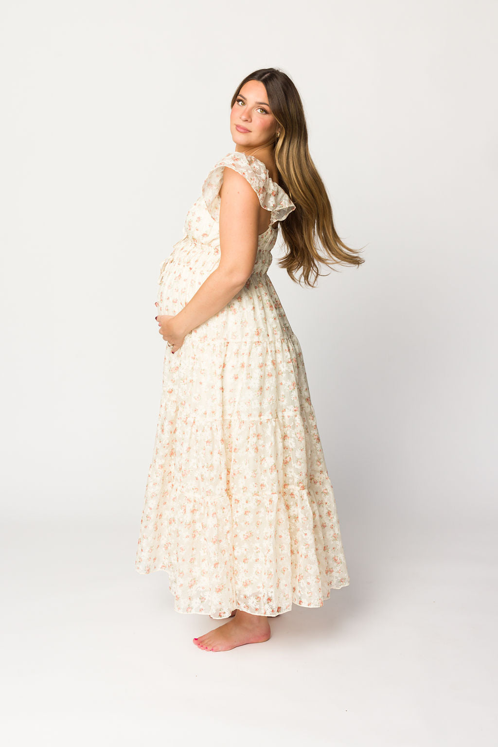 Elegant Floral & Gingham Ruffled Maxi Dress for Women - Cream Peach Summer Dress, Boho Chic Beach Wedding Guest Outfit, Perfect for Vacations & Outdoor Parties