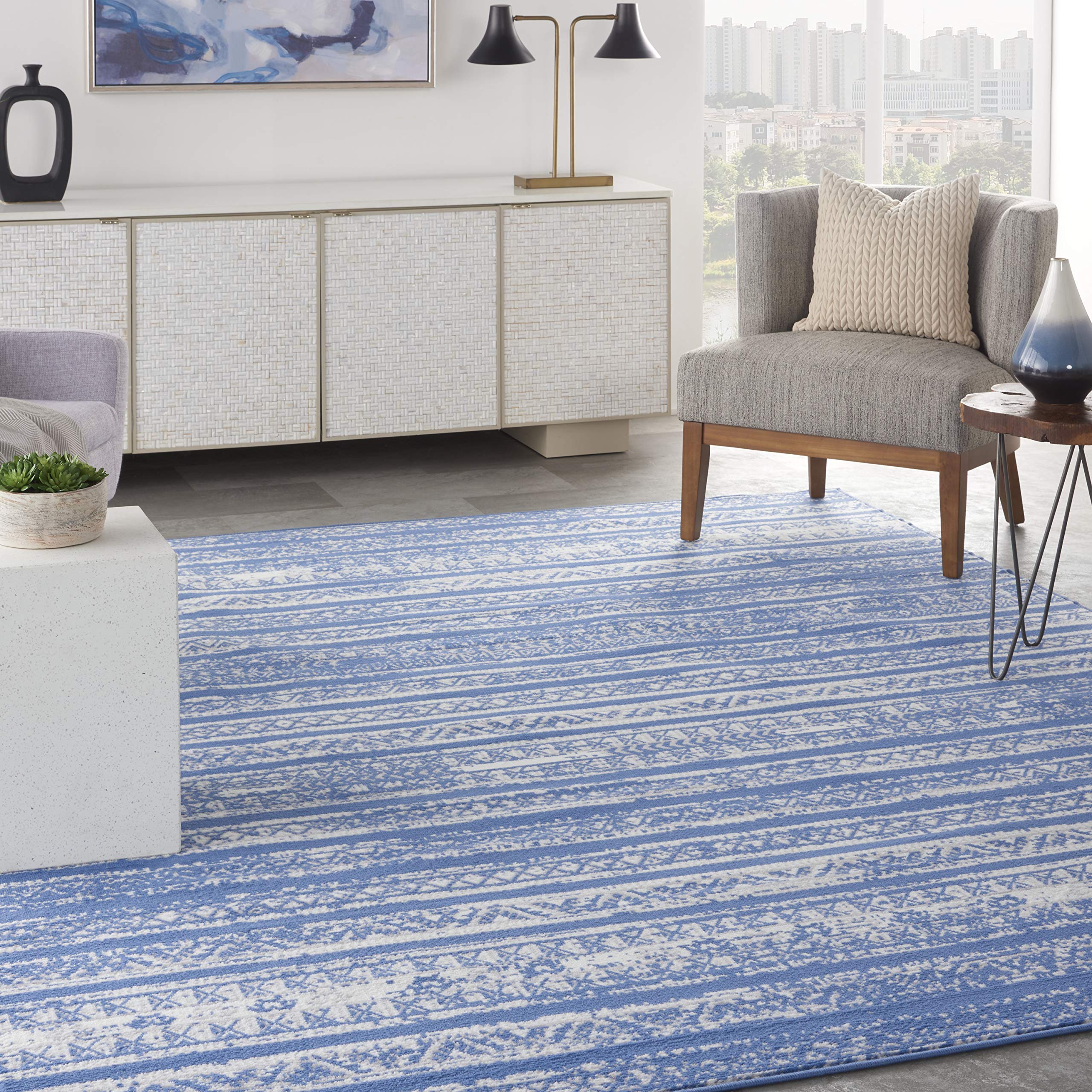 Nourison Whimsicle Tribal Light Blue Ivory 7' x 10' Area Rug - Easy to Clean, Non-Shedding, Stain Resistant for Bedroom, Living Room, Dining Room & Kitchen | Perfect for Boho Decor, Cozy Home & High Traffic Areas (7x10)
