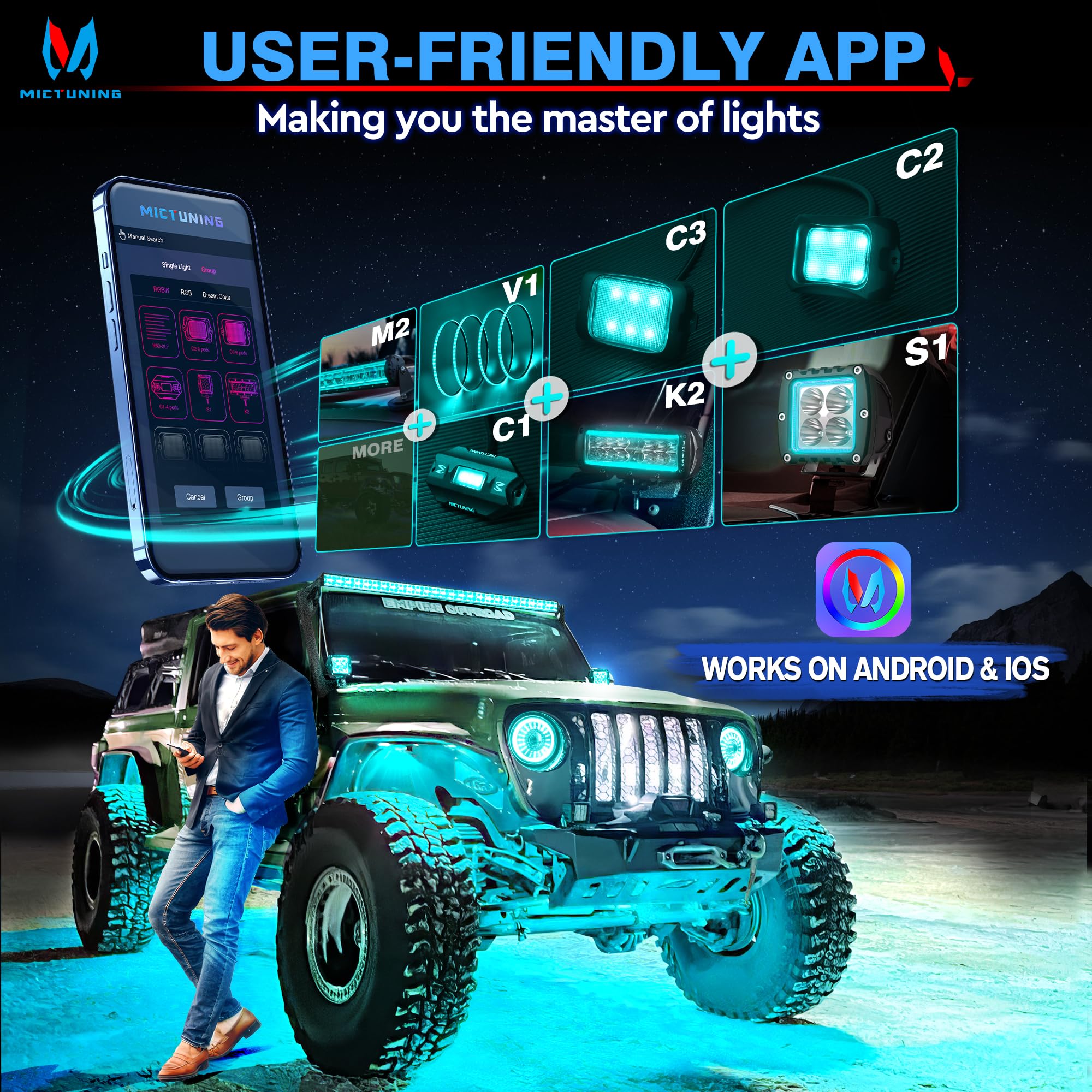 MICTUNING C2 Curved RGBW LED Rock Lights - 16 Pods Underglow Multicolor Neon Light Kit with Bluetooth APP Control & Wiring Switch - Perfect for Off-Road Trucks, Jeeps, ATVs & Car Customization