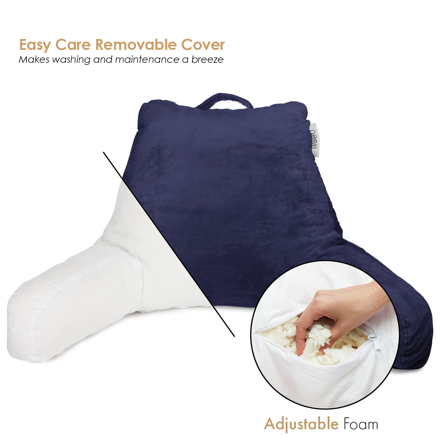 Nestl Reading Pillow with Shredded Memory Foam - Standard Bed & Back Support Pillow for Sitting in Bed, Armchair or Sofa - Navy Blue Comfort Pillow with Pockets - Perfect for Reading, Relaxing, Watching TV & Lounging