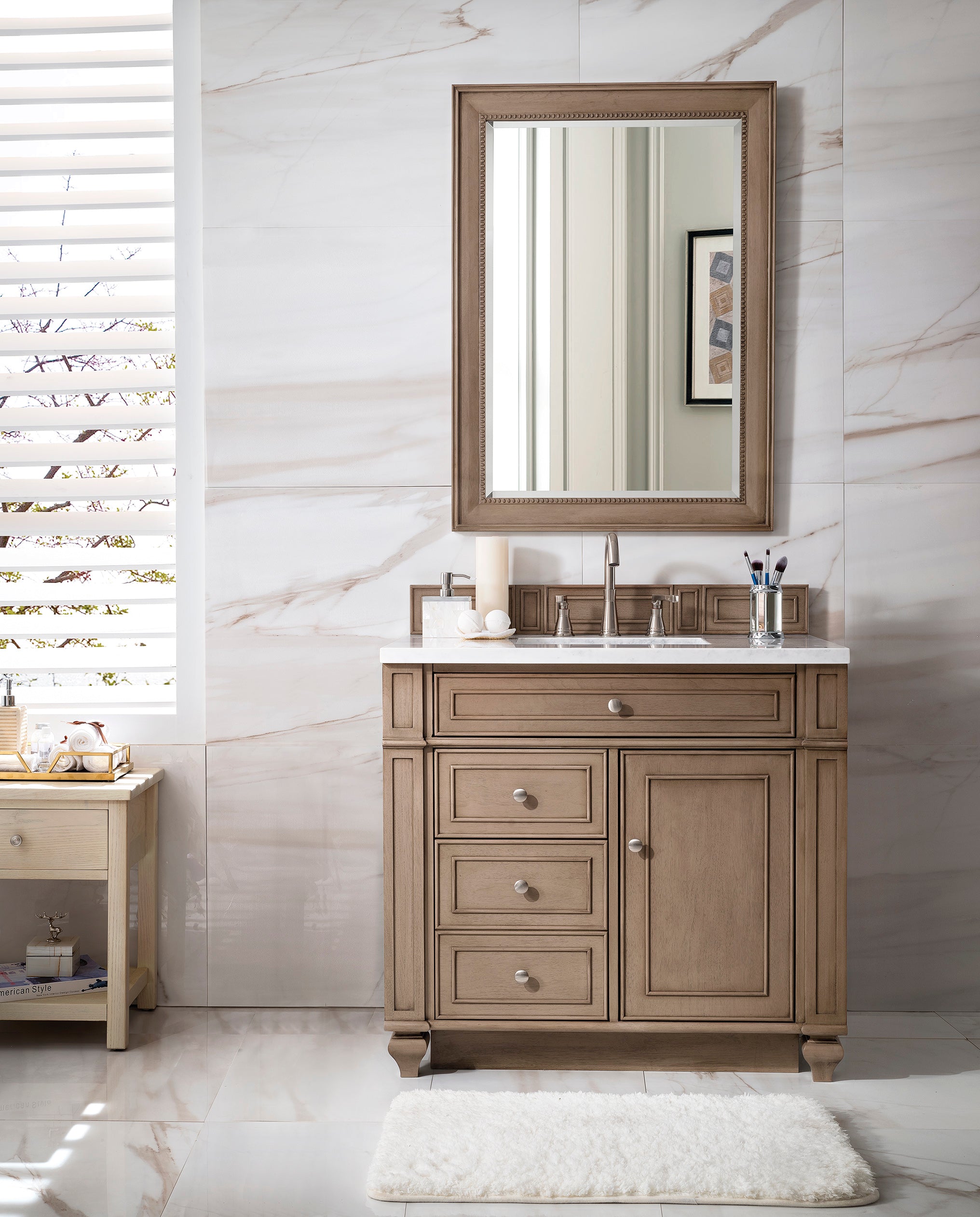 Bristol 36 Inch Single Bathroom Vanity in Whitewashed Walnut with 3CM Arctic Fall Solid Surface Top - Perfect for Modern Farmhouse & Coastal Style Bathrooms