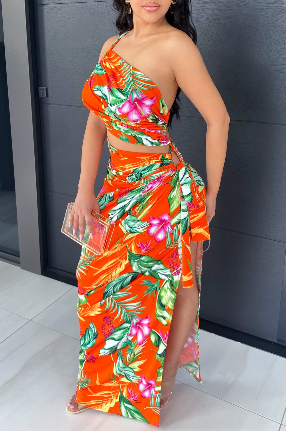 Tangerine One Shoulder Tropical Print Cut Out Slit Maxi Dress - Sexy Summer Beach Party & Vacation Dress for Women