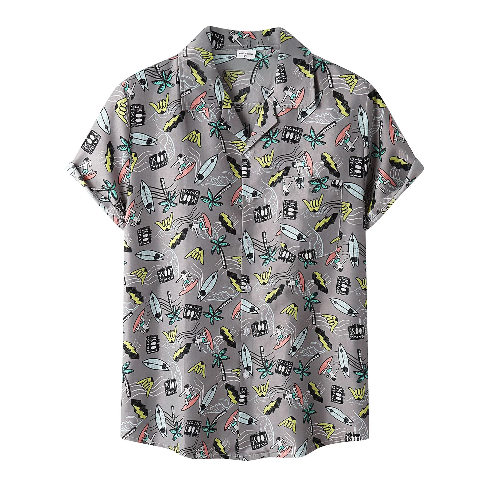 Men's Short Sleeve Casual Button Down Shirt - Hawaiian Beach Print Shirt with Turn-Down Collar for Summer Vacation, Pool Party & Outdoor Activities (Large Size)