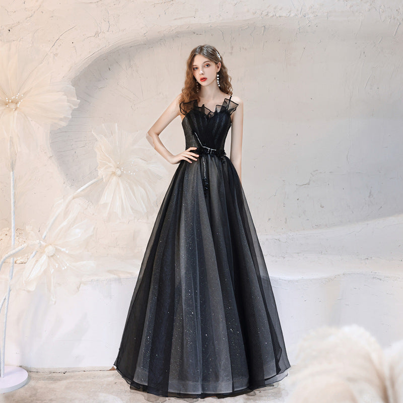 Elegant Black Tulle Long Prom Dress with Spaghetti Straps | Formal Evening Gown for Homecoming, Wedding & Special Occasions | Style 147