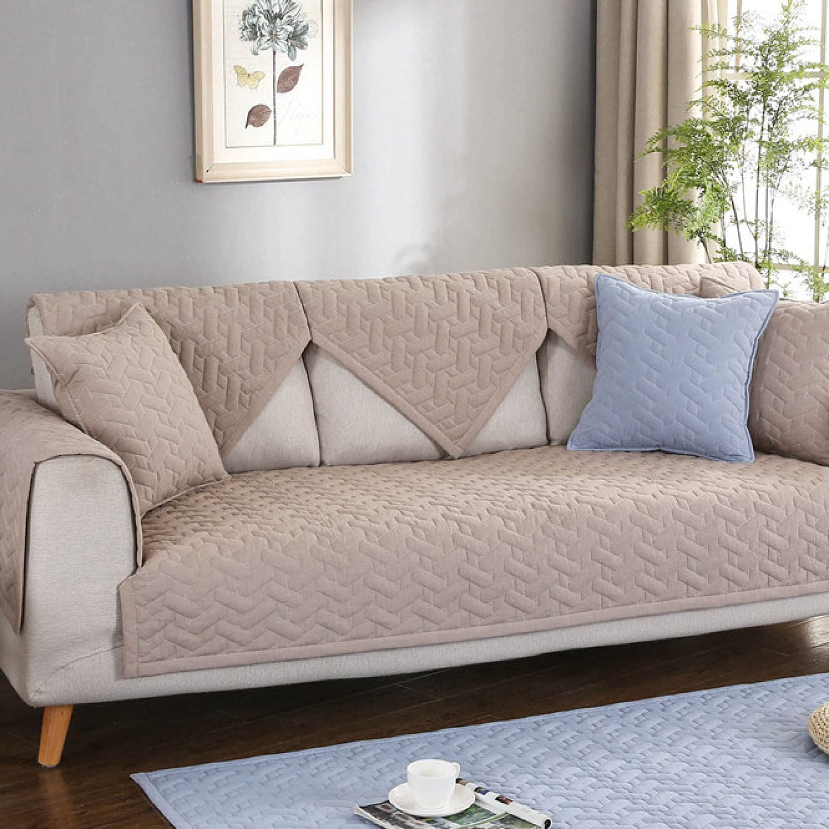 Non-Slip Cotton Sofa Seat Covers with Breathable Foam Cushion - U-Shaped Furniture Protector for Couches & Pets | Perfect for Living Room, Family Gatherings & Pet Owners