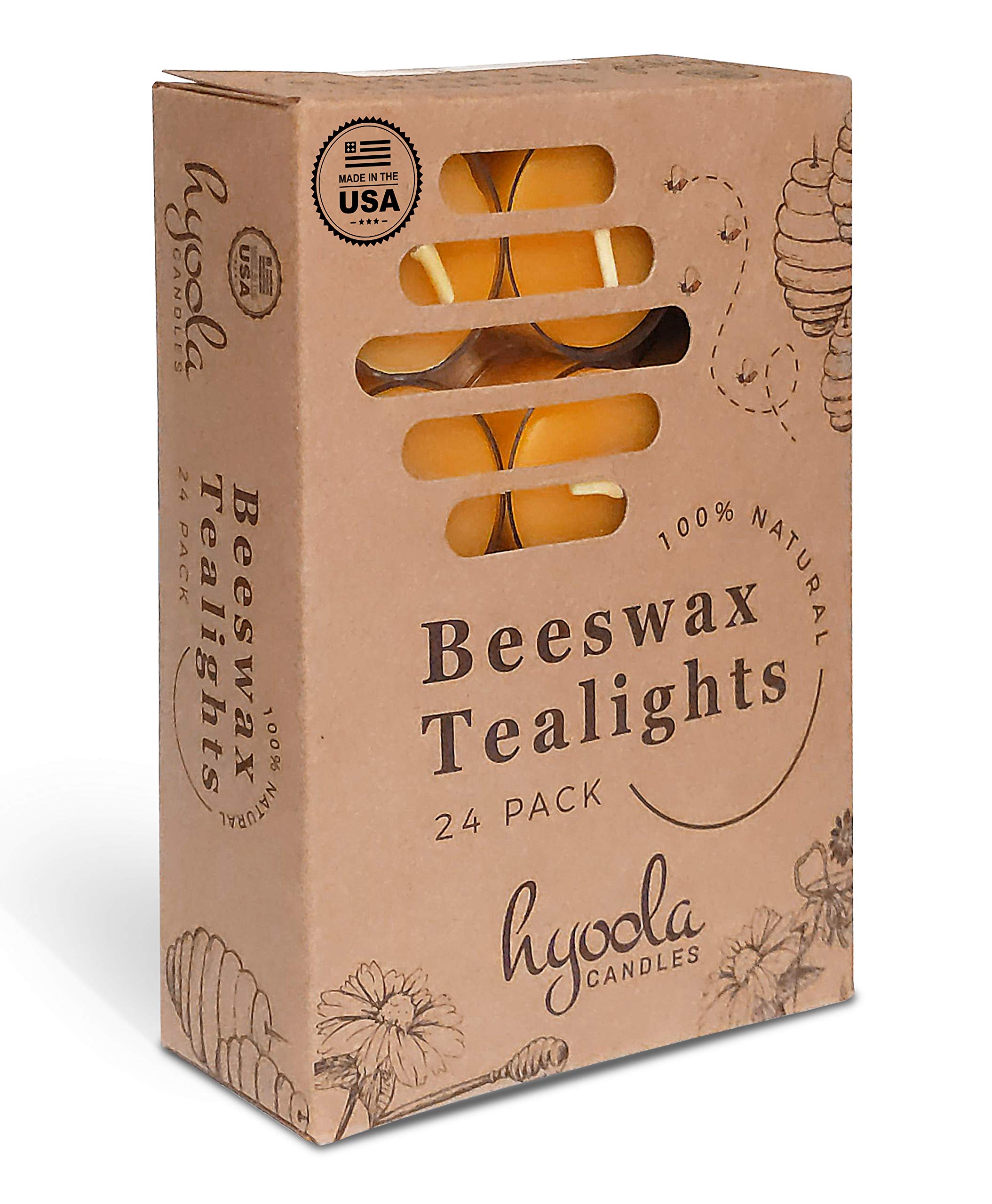 Hyoola Pure Beeswax Tea Lights - Handmade Unscented Decorative Candles with 4-Hour Burn Time in Clear Cups (24-Pack) | Perfect for Weddings, Spa Relaxation & Home Decor