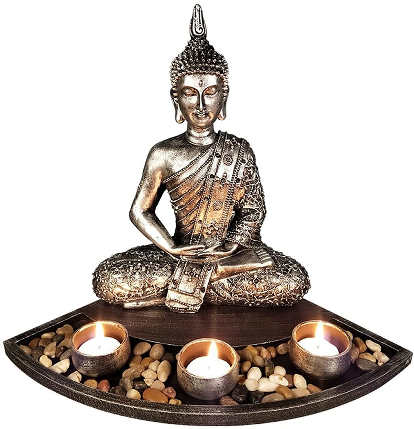 JUZZQ Silver Buddha Statue - Japanese Zen Garden Decor, Abstract Figurine & Candle Holder for Office, Home, Family Room - Perfect for Meditation Spaces, Gift Giving, and Tealight Candle Displays