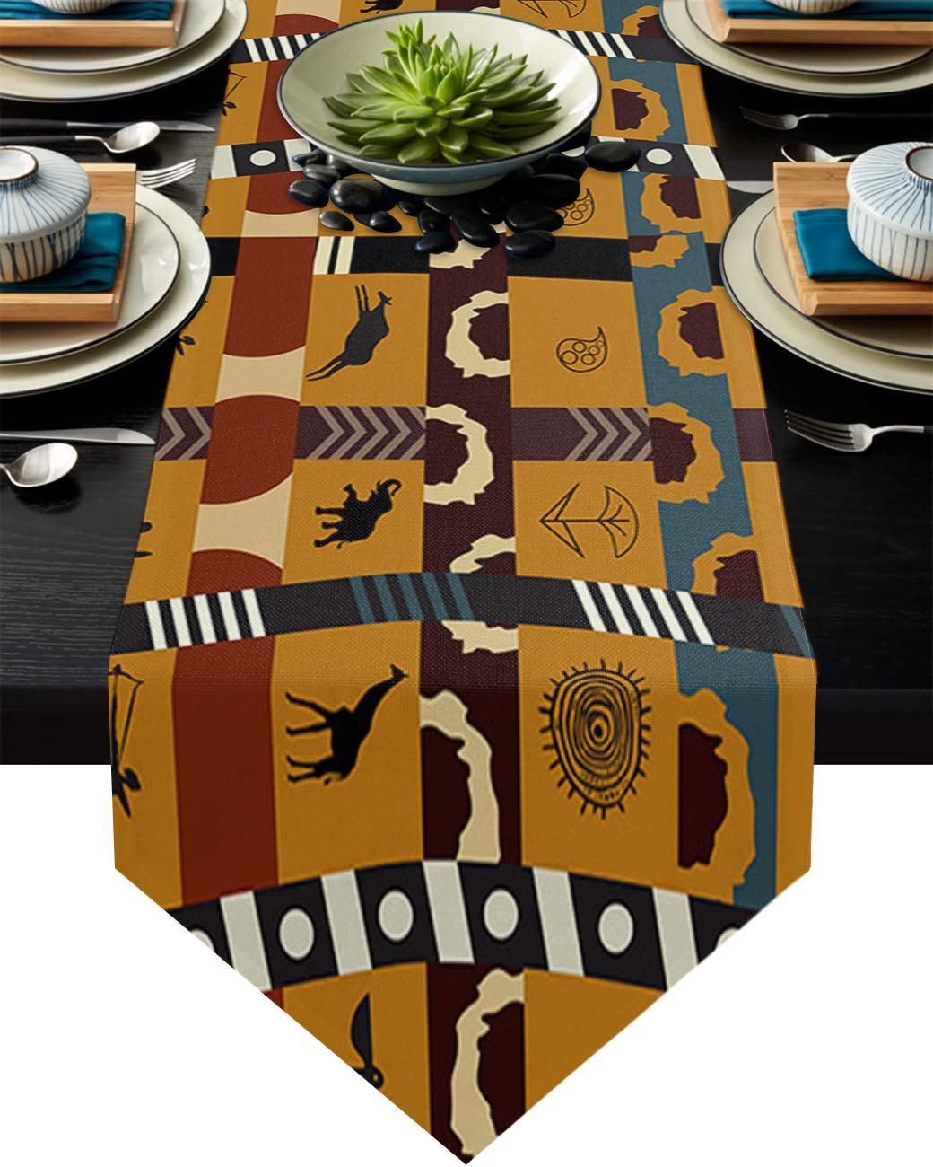 African Tribal Mud Cloth Linen Burlap Table Runner - Handmade Ethnic Home Decor for Dining Table, Dresser, Tea Table - Perfect for Holiday Parties & Boho Chic Interior Design