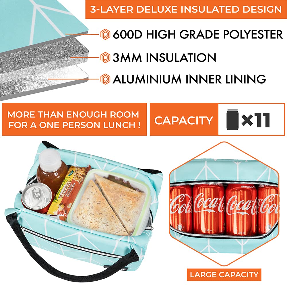 Insulated Lunch Bag for Women & Girls - Reusable Cooler Tote for Work, School, Travel & Picnic - Fits 11 Cans - Chevron Teal Design - Perfect for Office Lunch, Beach Trips & Outdoor Adventures