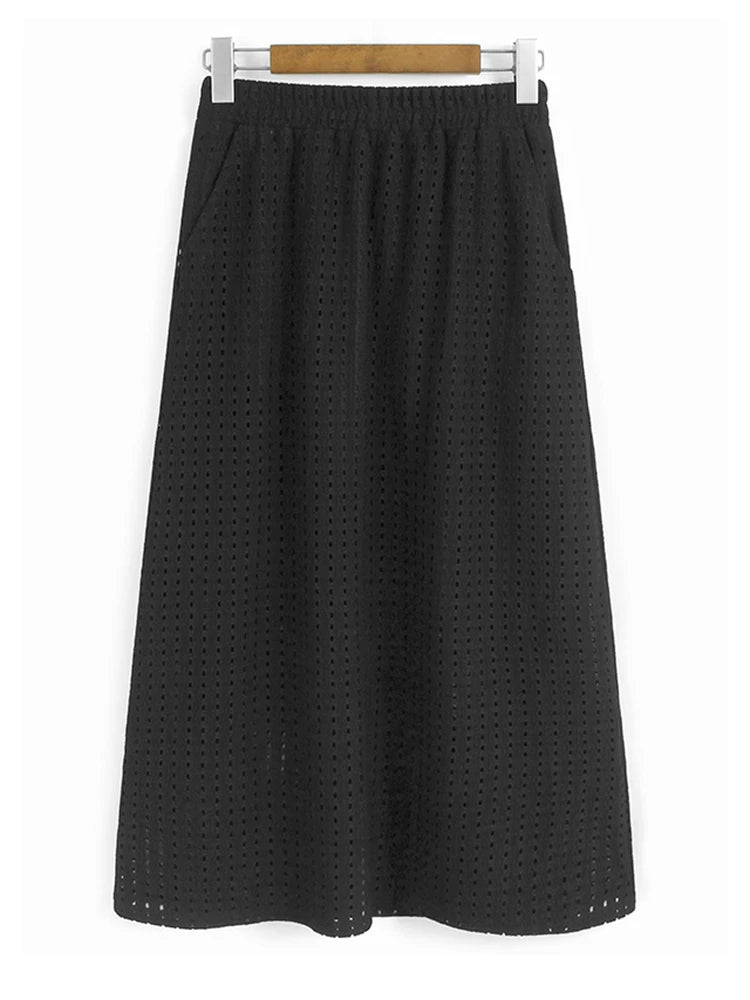 Black Hollow Out T-Shirt & Skirt Two-Piece Set - Round Neck Short Sleeve Women's Fashion Outfit for Spring Summer 2025 | Casual Wear, Beach Vacation, Street Style (Style Code: 1DJ1435)