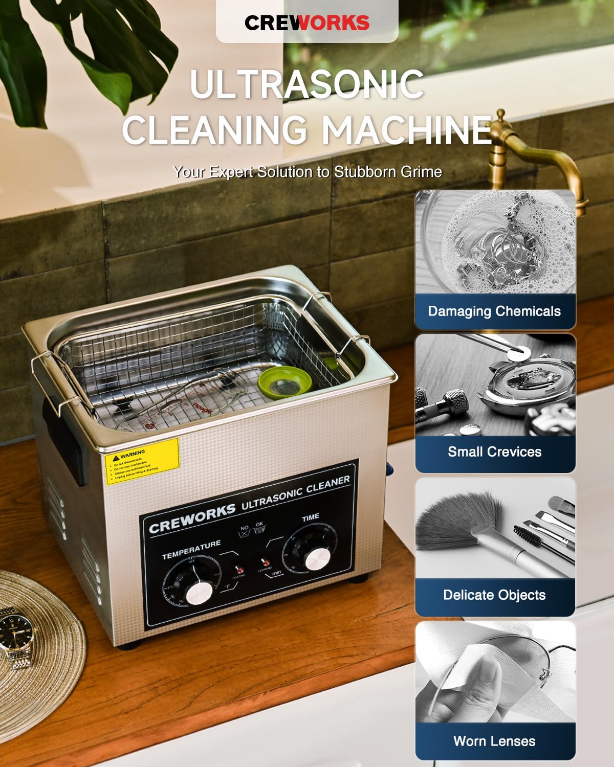 CREWORKS 10L Ultrasonic Cleaner with Heater & Timer, 240W Stainless Steel Cleaning Machine for Jewelry, Glasses, Auto Parts, Lab Tools - 2.6 Gallon Professional Grade for Home, Workshop & Industrial Use