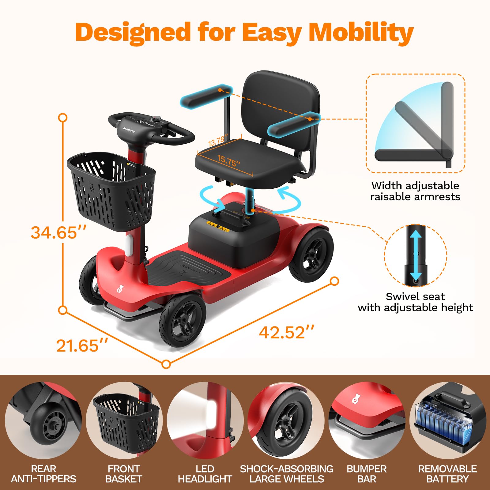 S1 4-Wheel Mobility Scooter for Adults - 25 Miles Range & 6 mph Speed, Smart Safety Features, Spacious Legroom, Swivel Seat with Headlight & Basket, Includes Charger - Perfect for Indoor/Outdoor Use, Shopping, and Senior Mobility Assistance