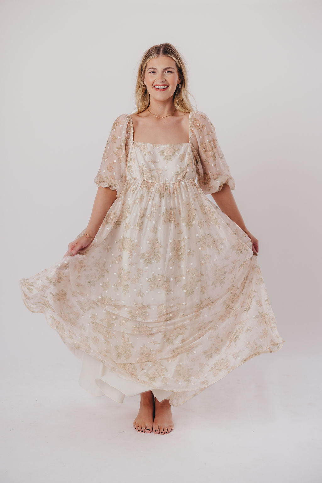 Elegant Cream Floral Smocked Maxi Dress for Women - Bump Friendly Maternity & Inclusive Sizing (S-3XL) | Perfect for Weddings, Beach Vacations & Summer Parties