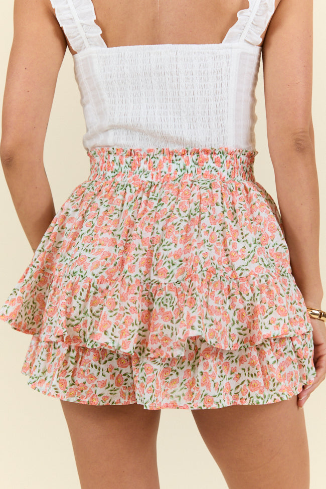 Pretty Moment Orange Multi Floral Print Tiered Mini Skort - Women's Flowy Tennis Skirt for Casual Wear, Workout & Summer Outfits