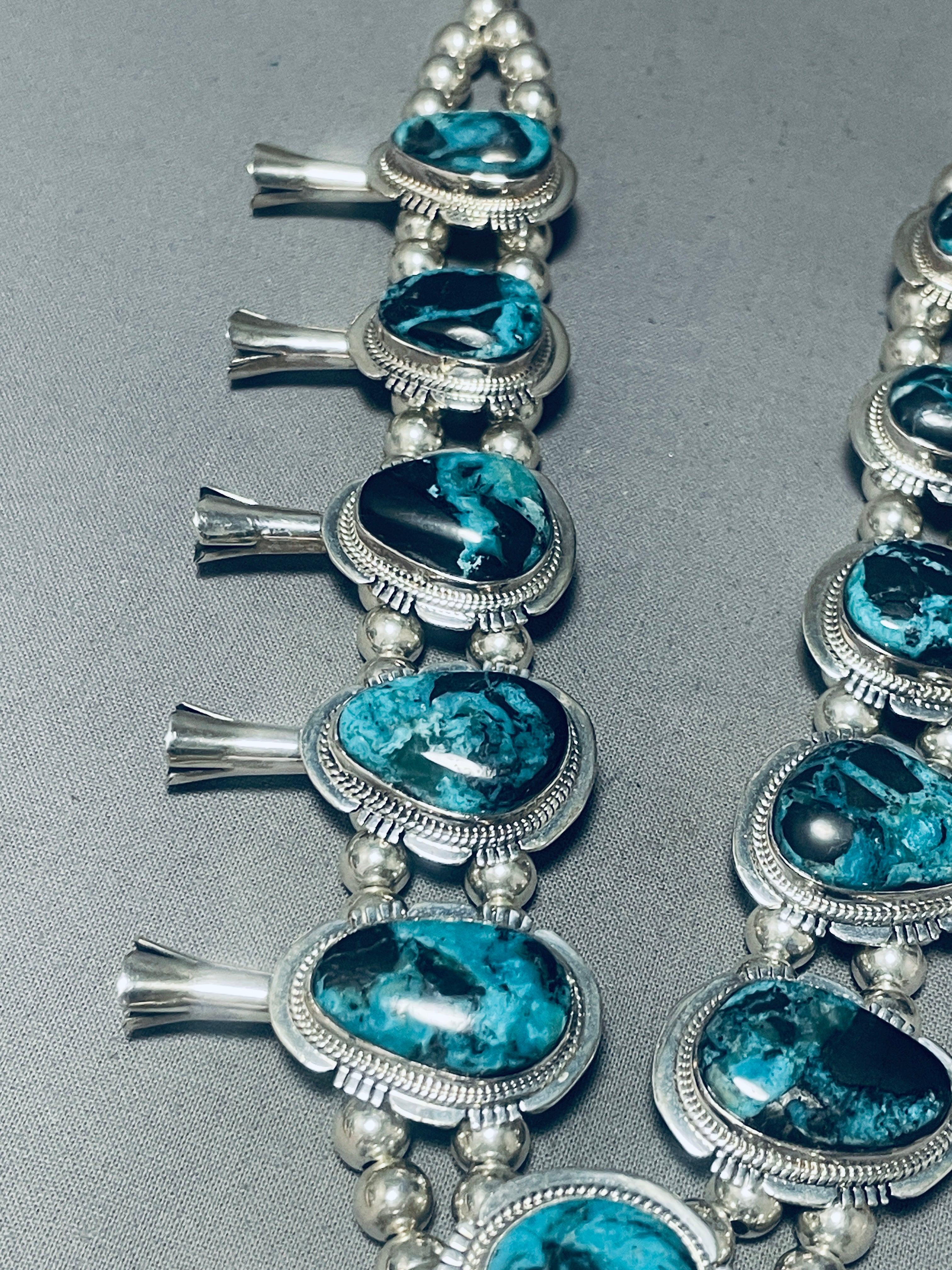 203 Grams Vintage Navajo Turquoise Sterling Silver Squash Blossom Necklace – Handmade Native American Jewelry for Women, Boho Chic Accessory for Weddings & Special Occasions