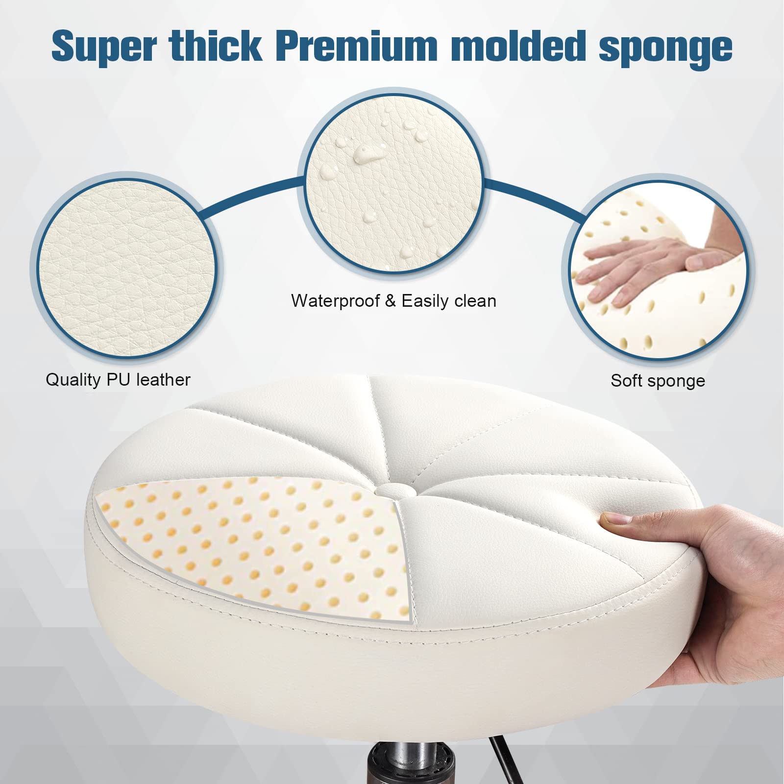 Adjustable Height Swivel Rolling Stool with Wheels - PU Leather Round Stool for Office, Kitchen, Salon & Home Use - White