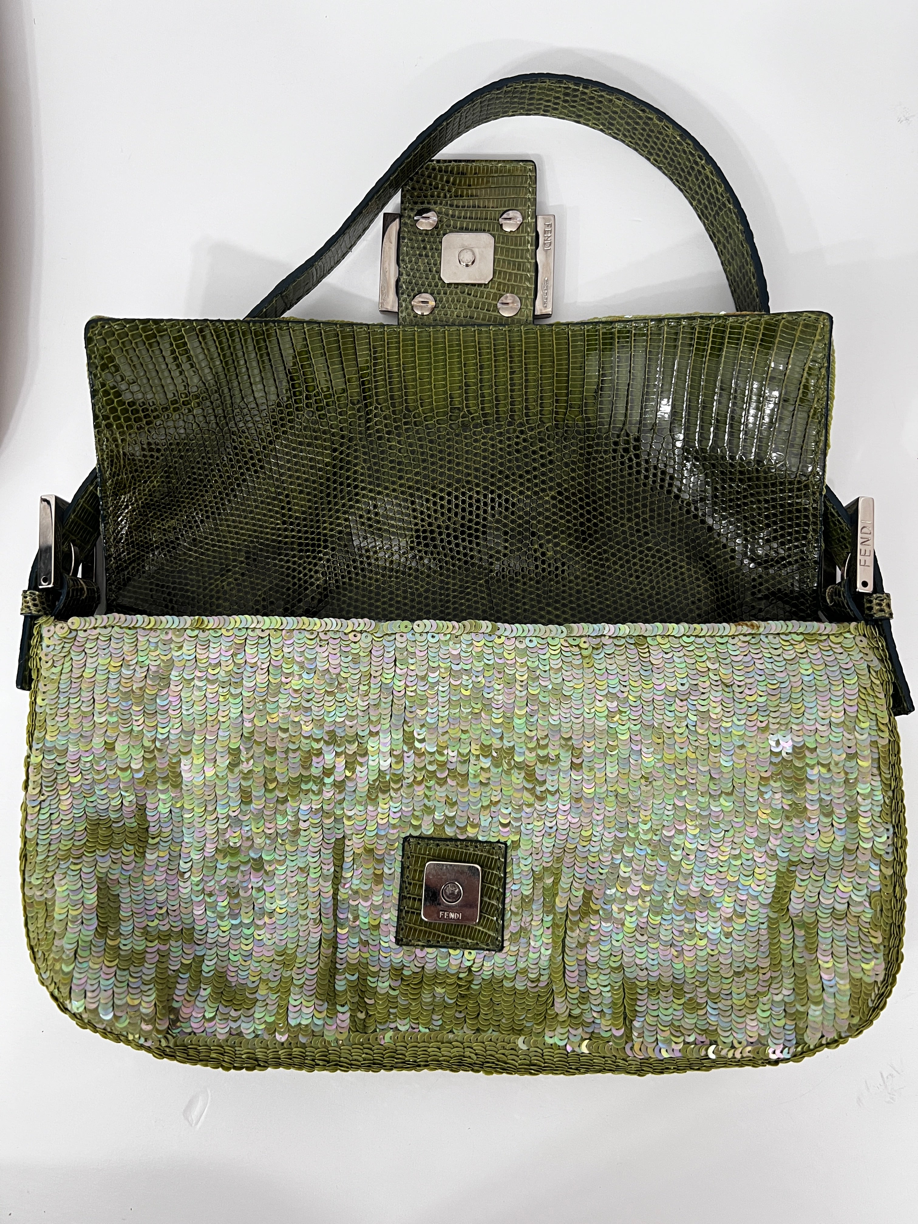 Fendi Green Sequin Lizard Trimmed Baguette Handbag - Luxury Evening Clutch for Parties, Weddings & Special Events