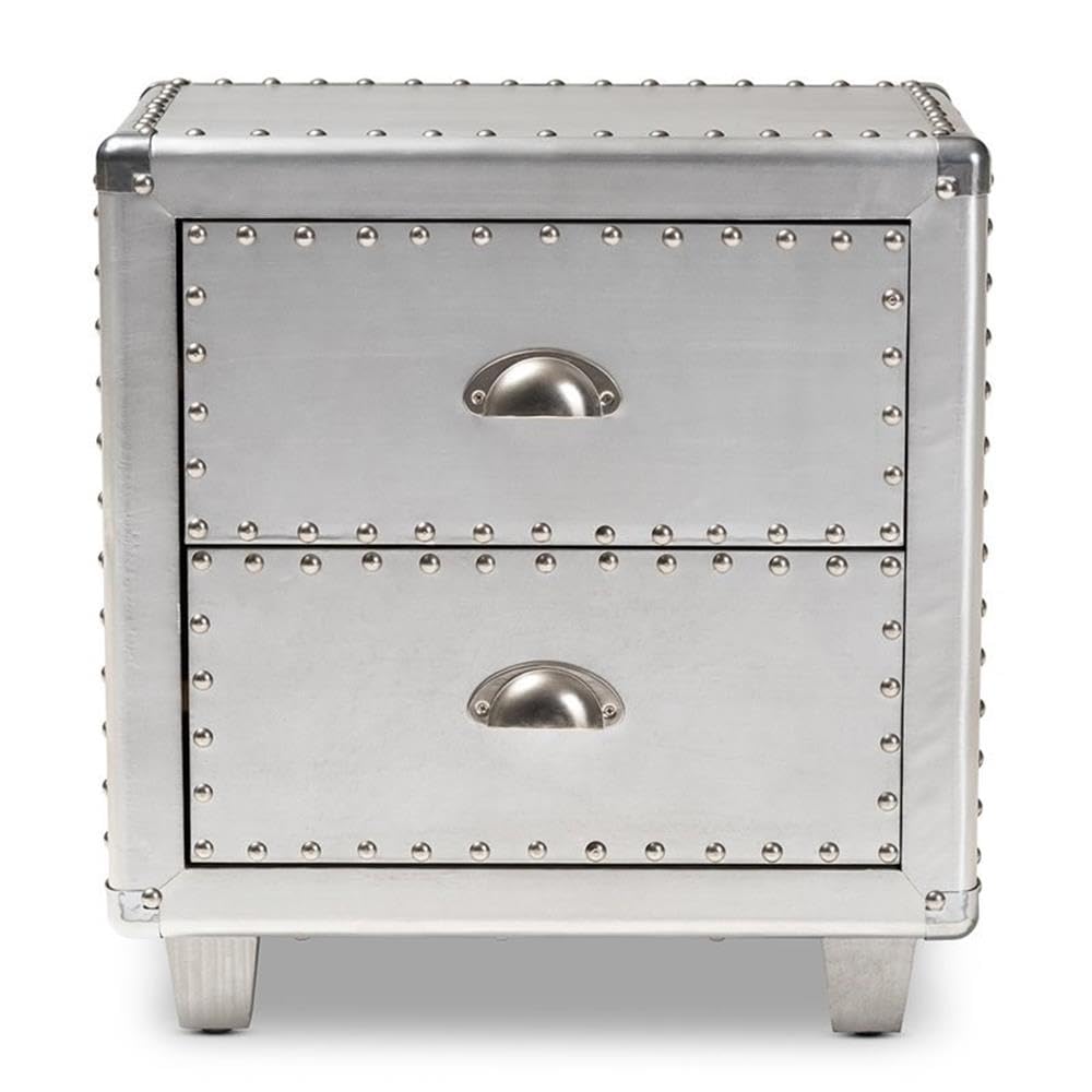 BOWERY HILL Modern 2-Drawer Silver Metal Nightstand - Sleek Bedside Table for Bedroom, Living Room & Office Storage