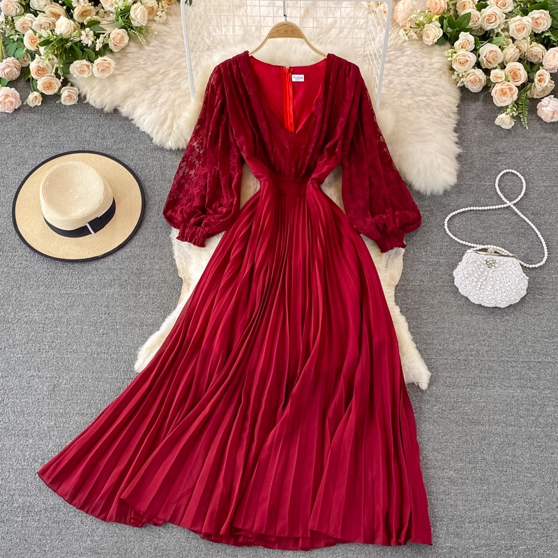 Elegant Autumn Long Sleeve V-Neck Lace Pleated Midi Dress for Women | Fall Wedding Guest Outfit & Holiday Party Dress