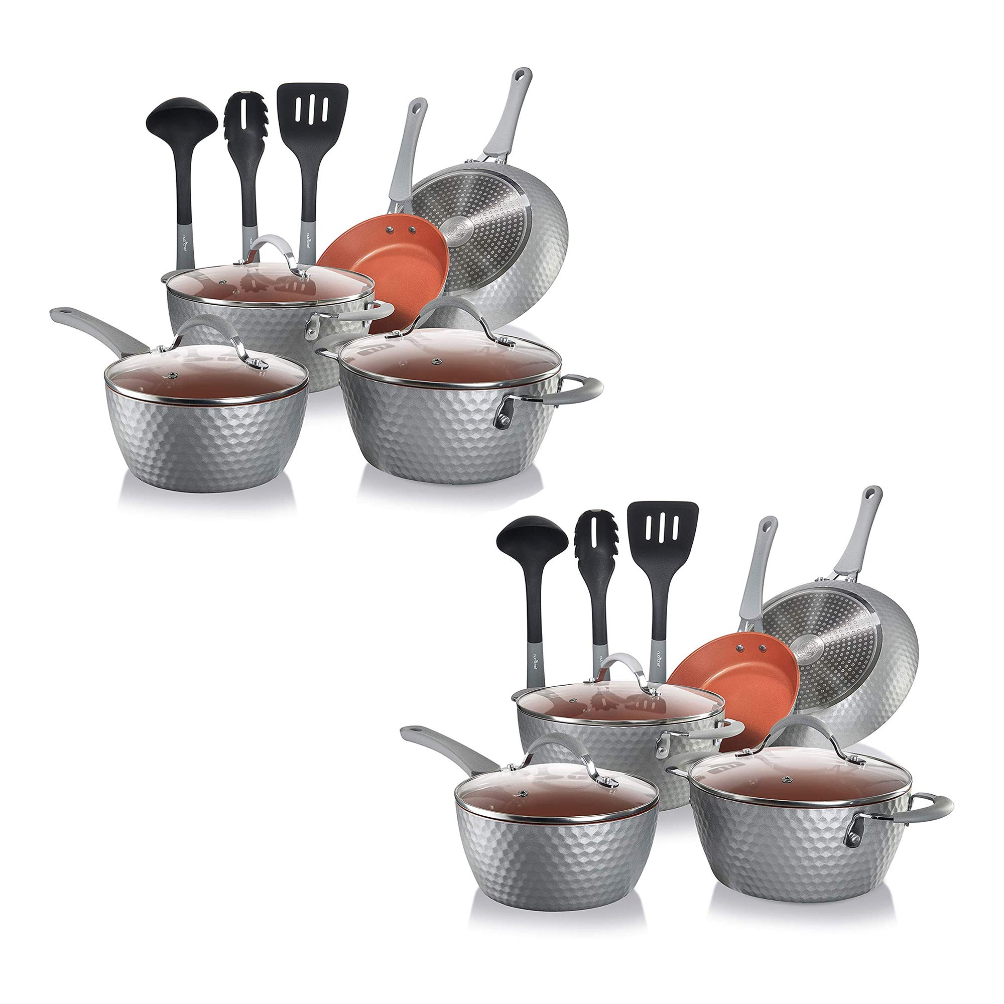 NutriChef NCCW11GD 11-Piece Nonstick Ceramic Cookware Set with Lids & Utensils - Diamond Pattern Pots & Pans, Gray (2 Pack) - Perfect for Frying, Boiling & Everyday Cooking