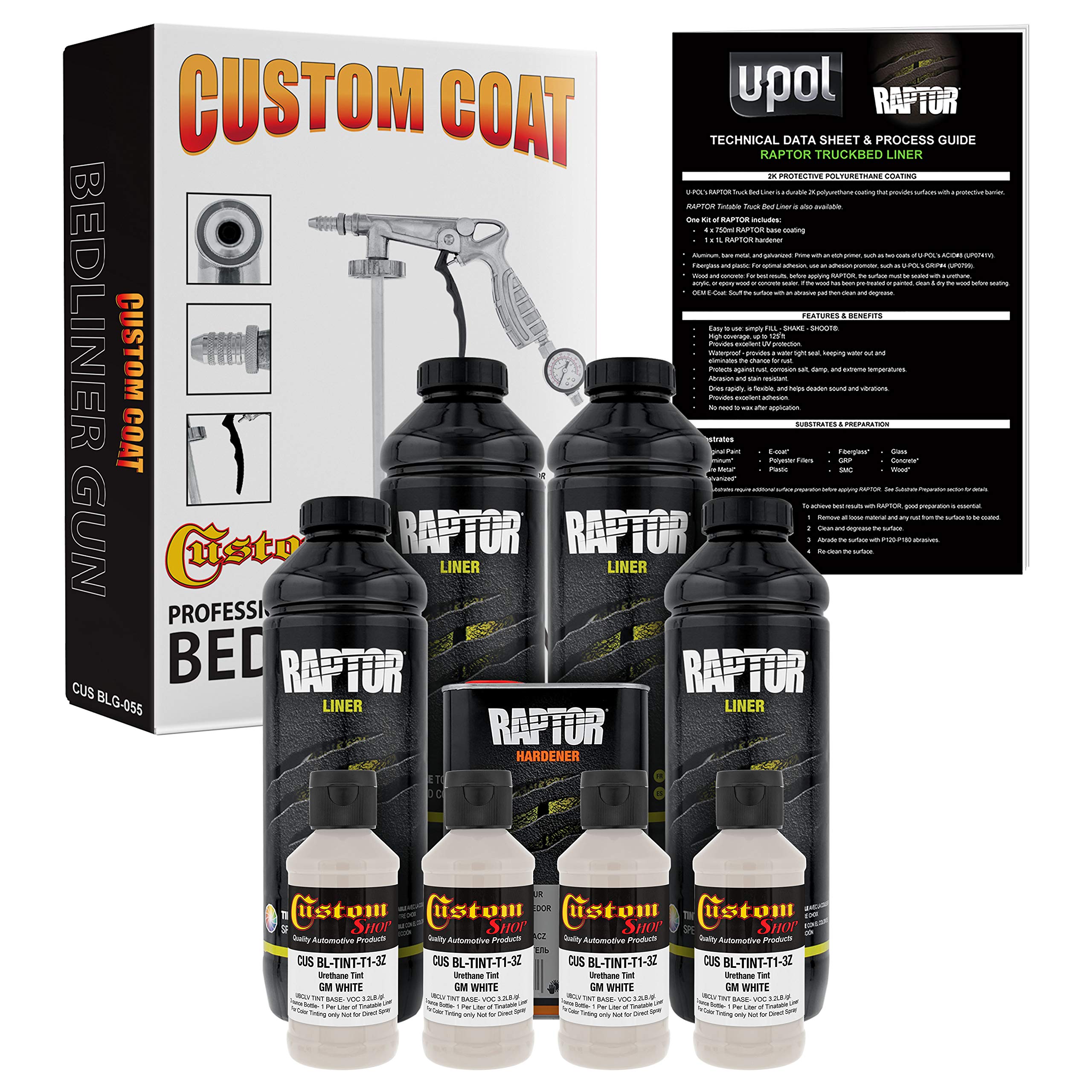U-Pol Raptor Bright White Urethane Truck Bed Liner Kit - 4 Liters with Spray Gun & Regulator for DIY Pickup Truck Protection | Durable Coating for Pickup Beds, Trailers, and Off-Road Vehicles